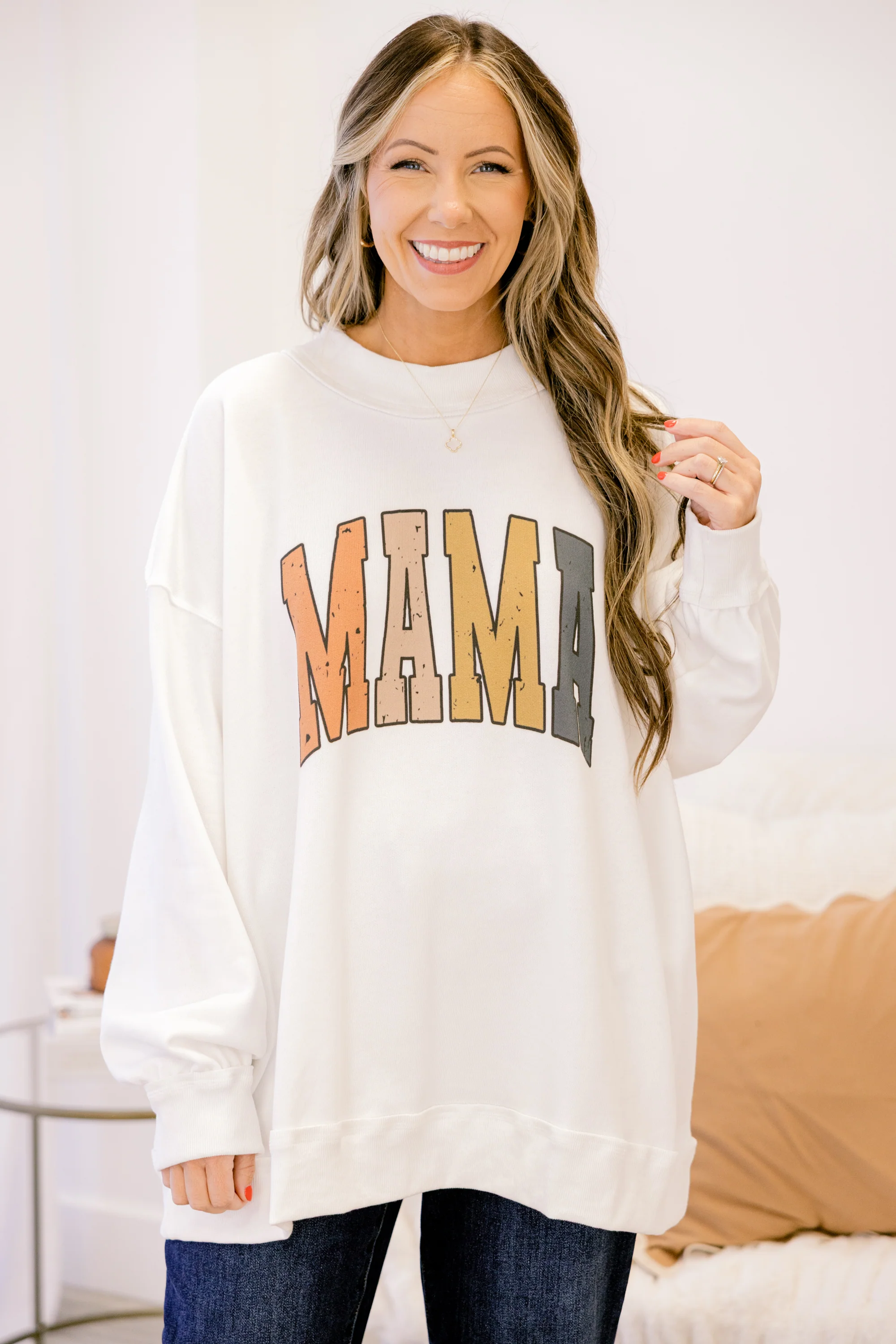 Just a Fall Mama Mock Neck Pullover, Ivory - Weilaico