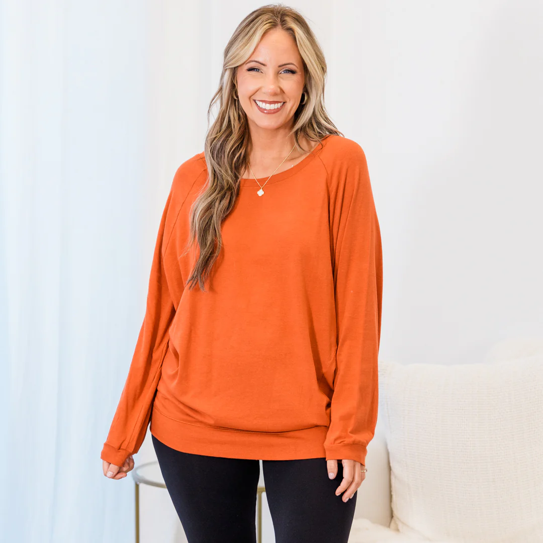 Slouchy Dolman Tunic Long Sleeve, Rust - Weilaico