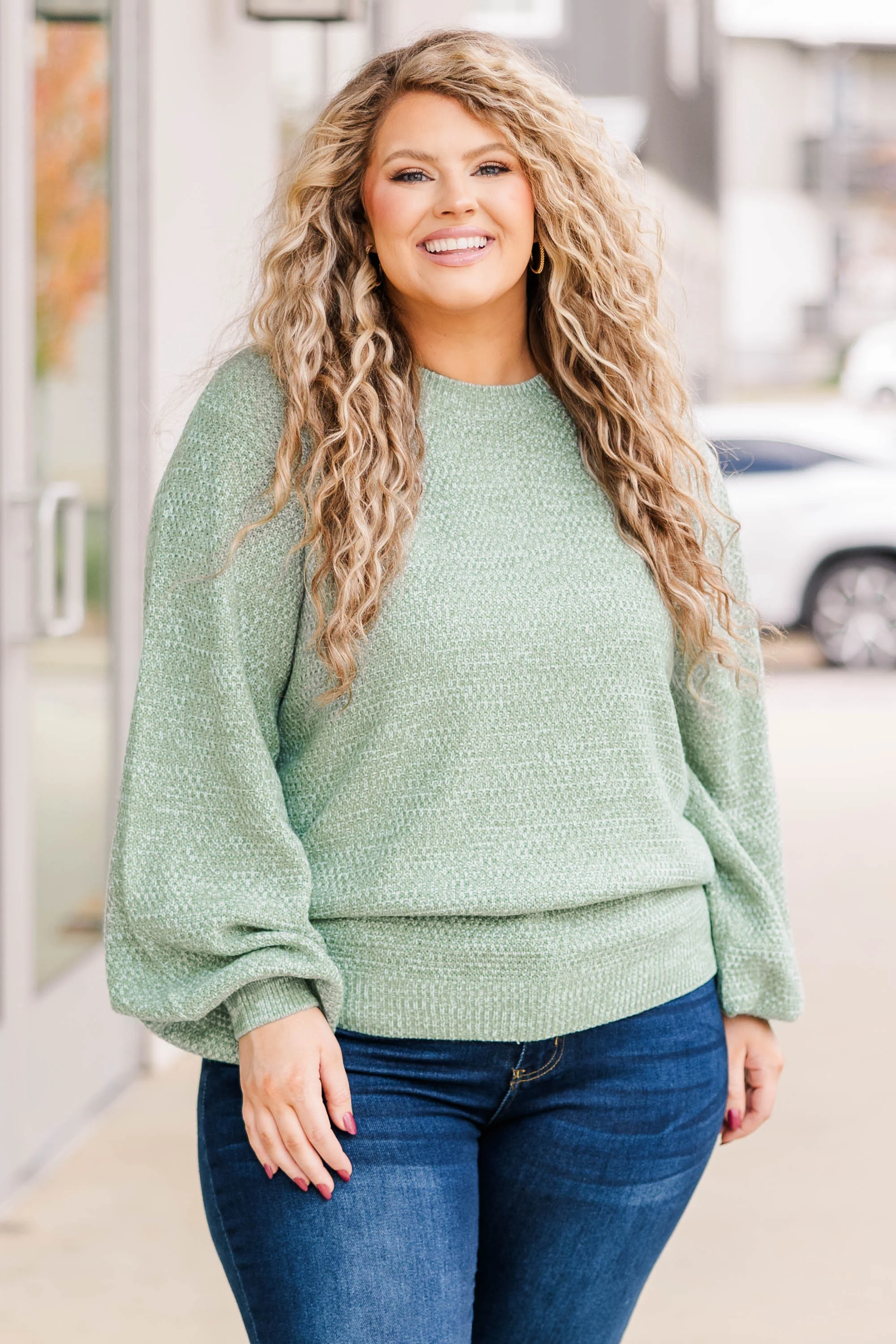 Cozy Bubble Sleeve Sweater, Sage - Weilaico