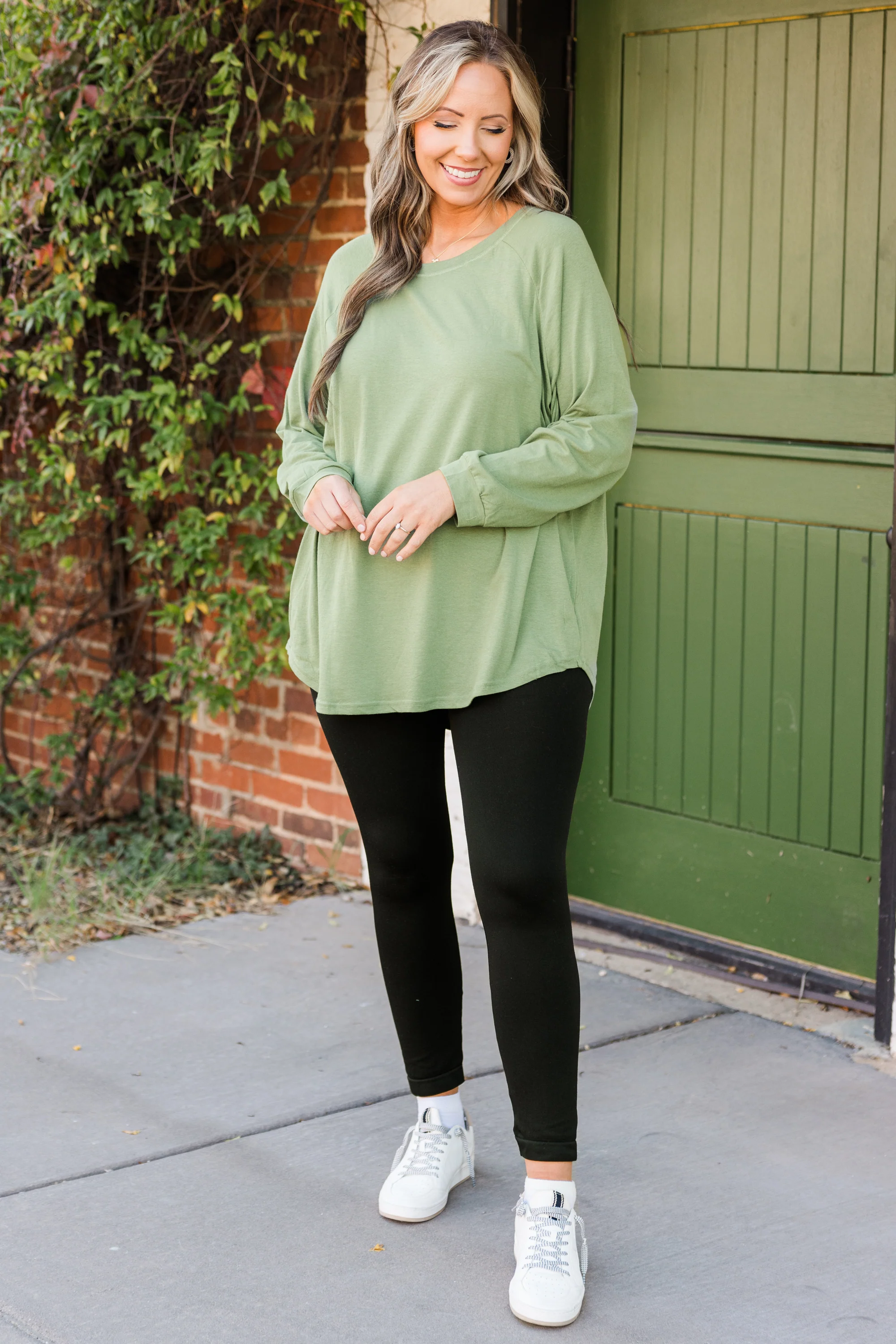 Curved Hem Slouchy Dolman Tunic, Sage - Weilaico