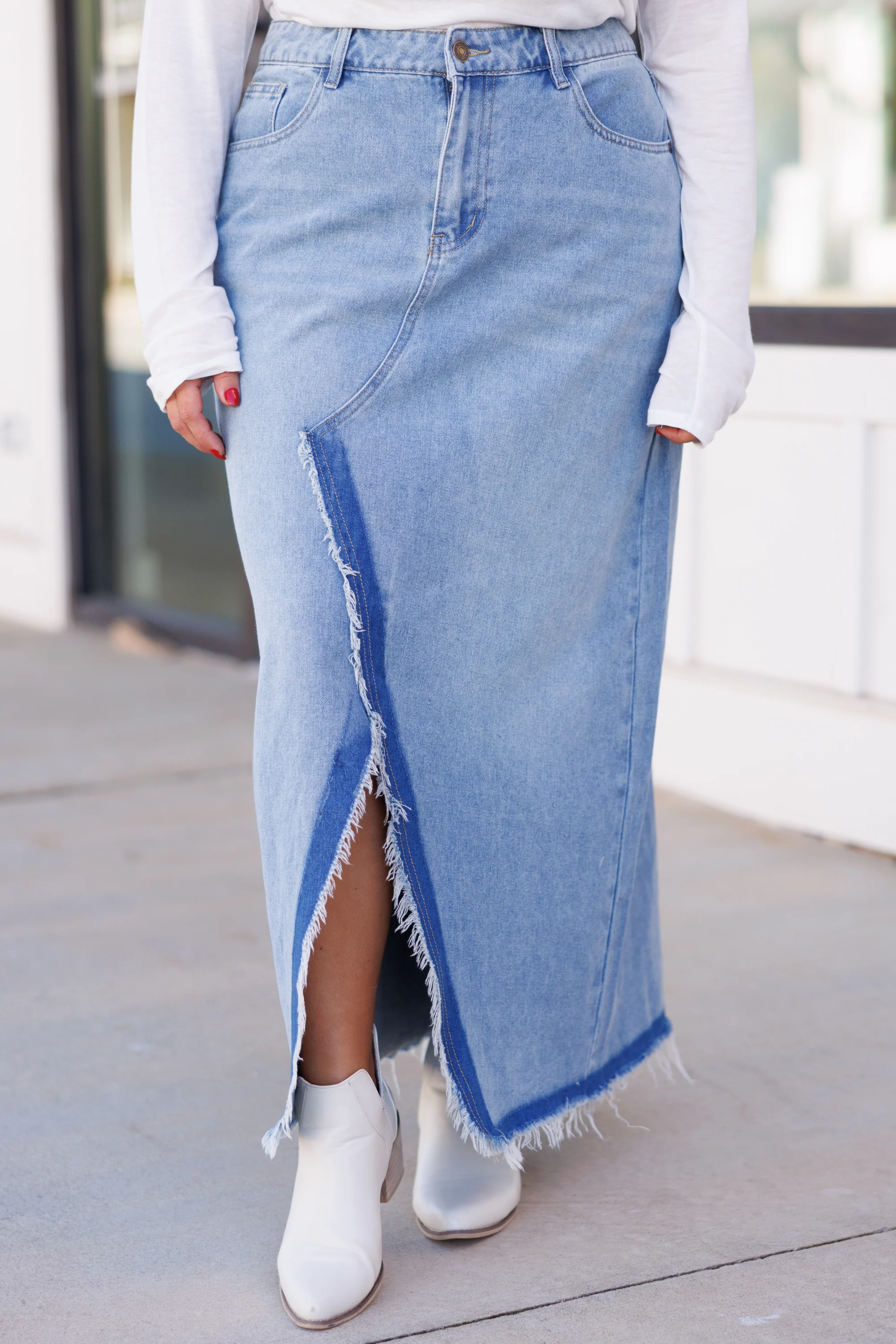 Making Strides Jean Skirt, Light Wash - Weilaico