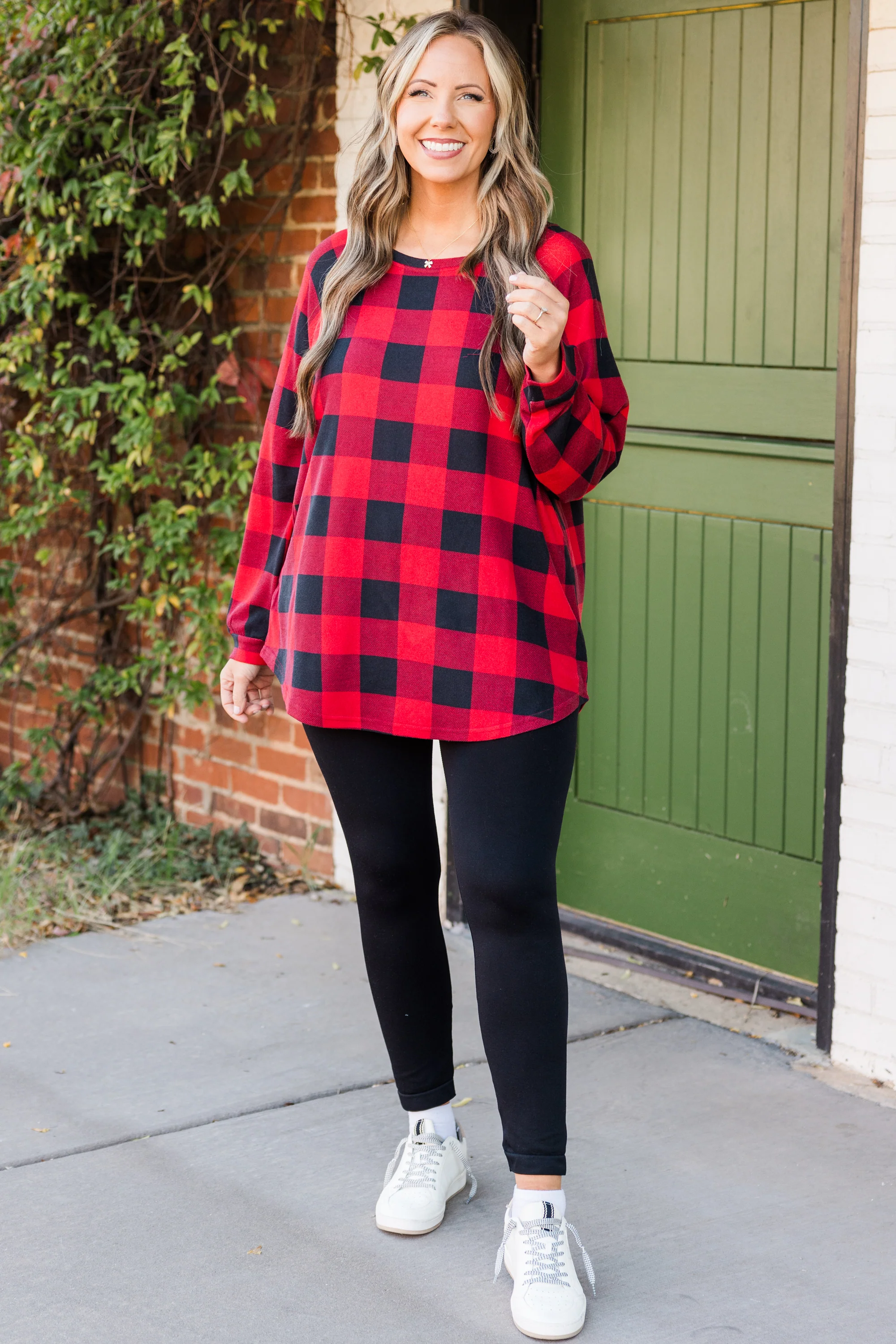 Curved Hem Slouchy Dolman Tunic, Red Plaid - Weilaico