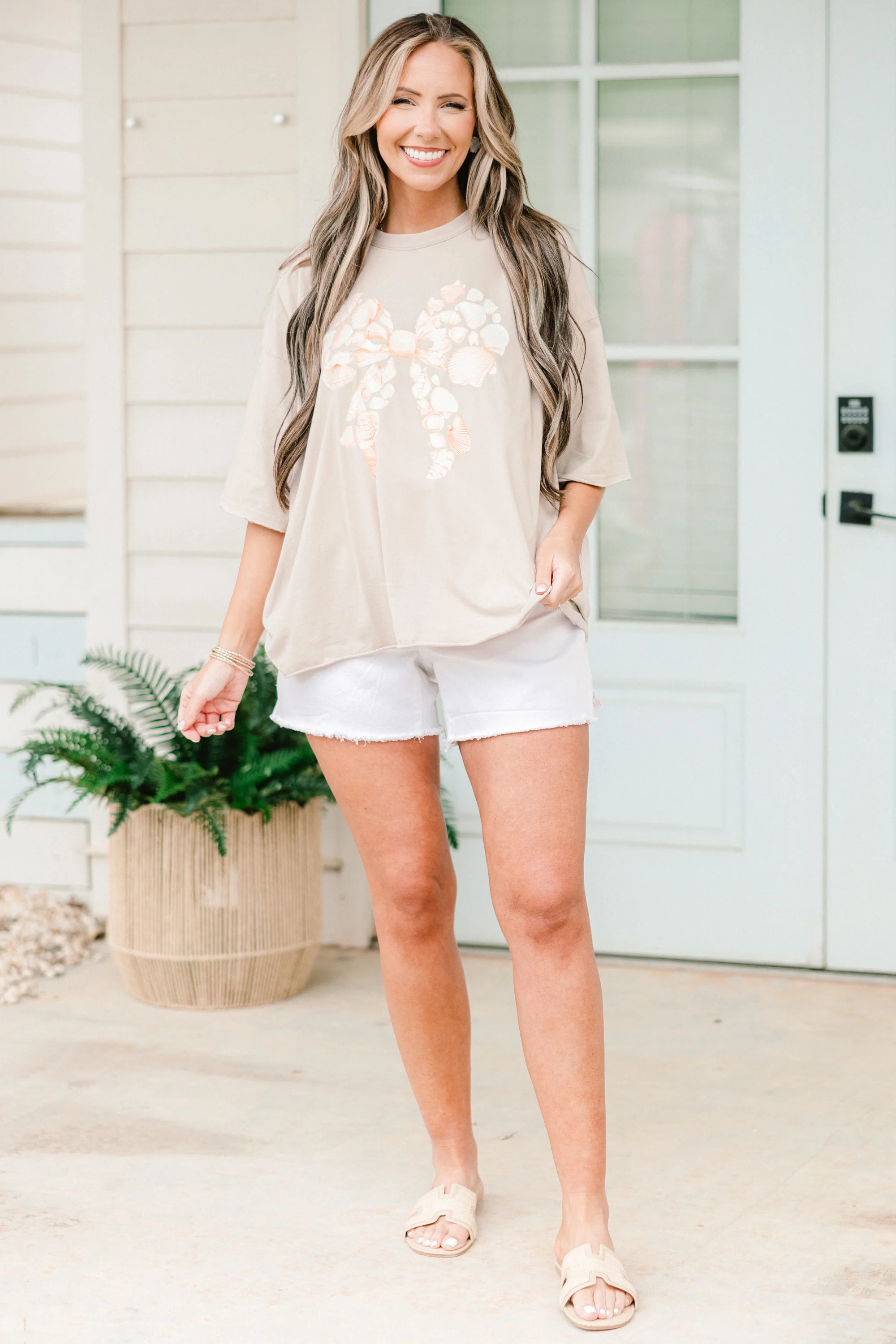 Coastal Bow Vintage Wash Tee, Stone - Weilaico