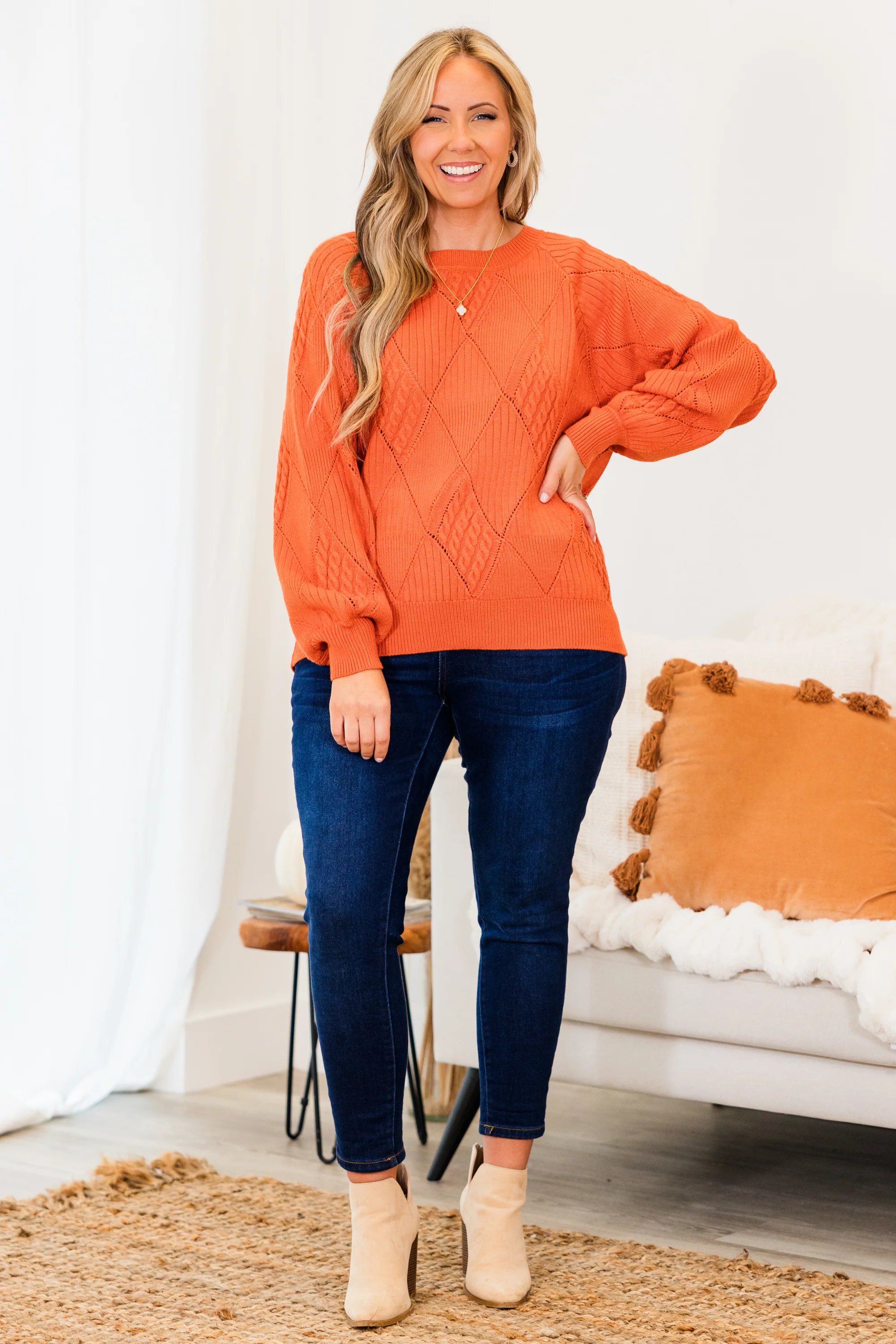 Open My Heart Sweater, Rust - Weilaico