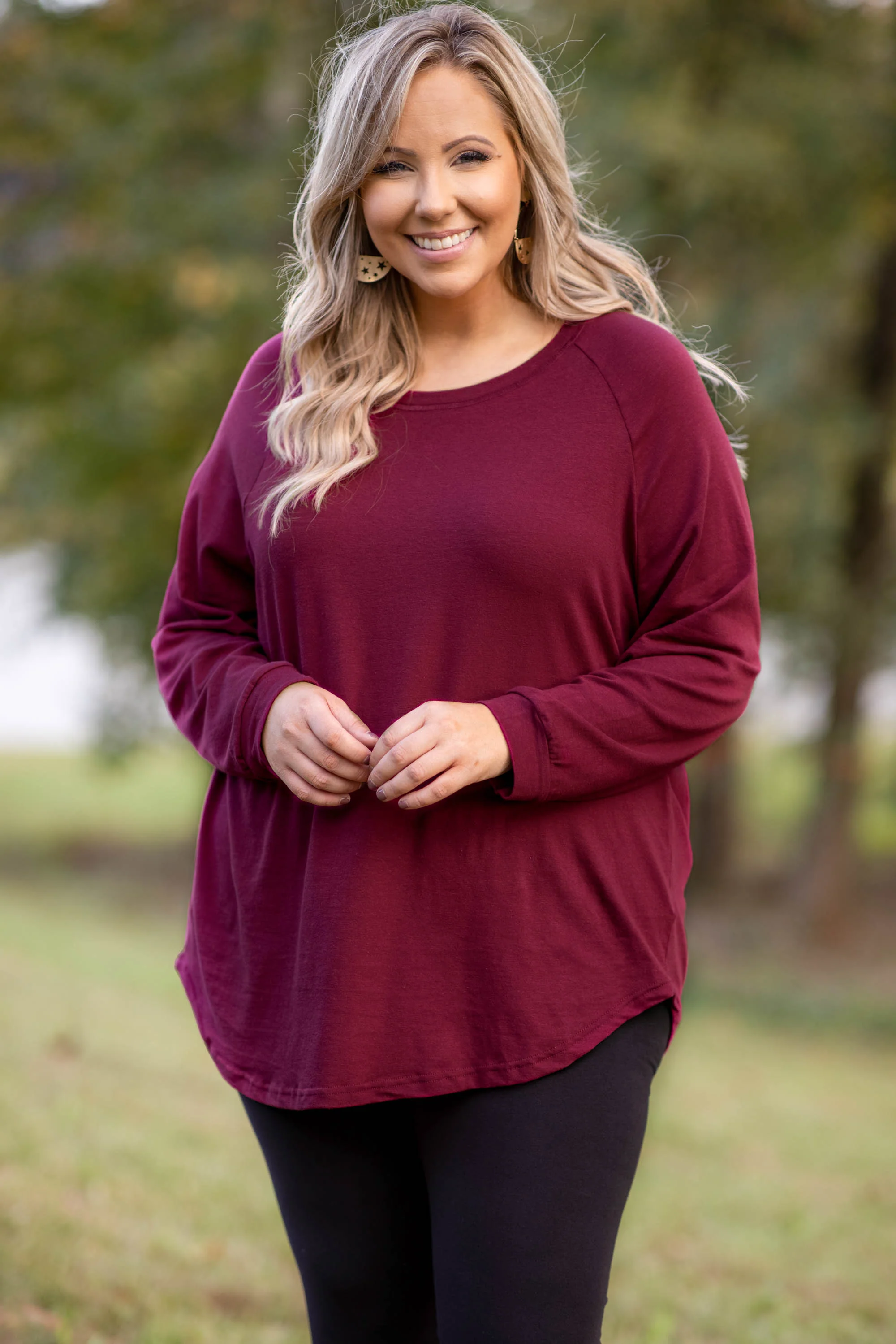 Curved Hem Slouchy Tunic, Wine - Weilaico