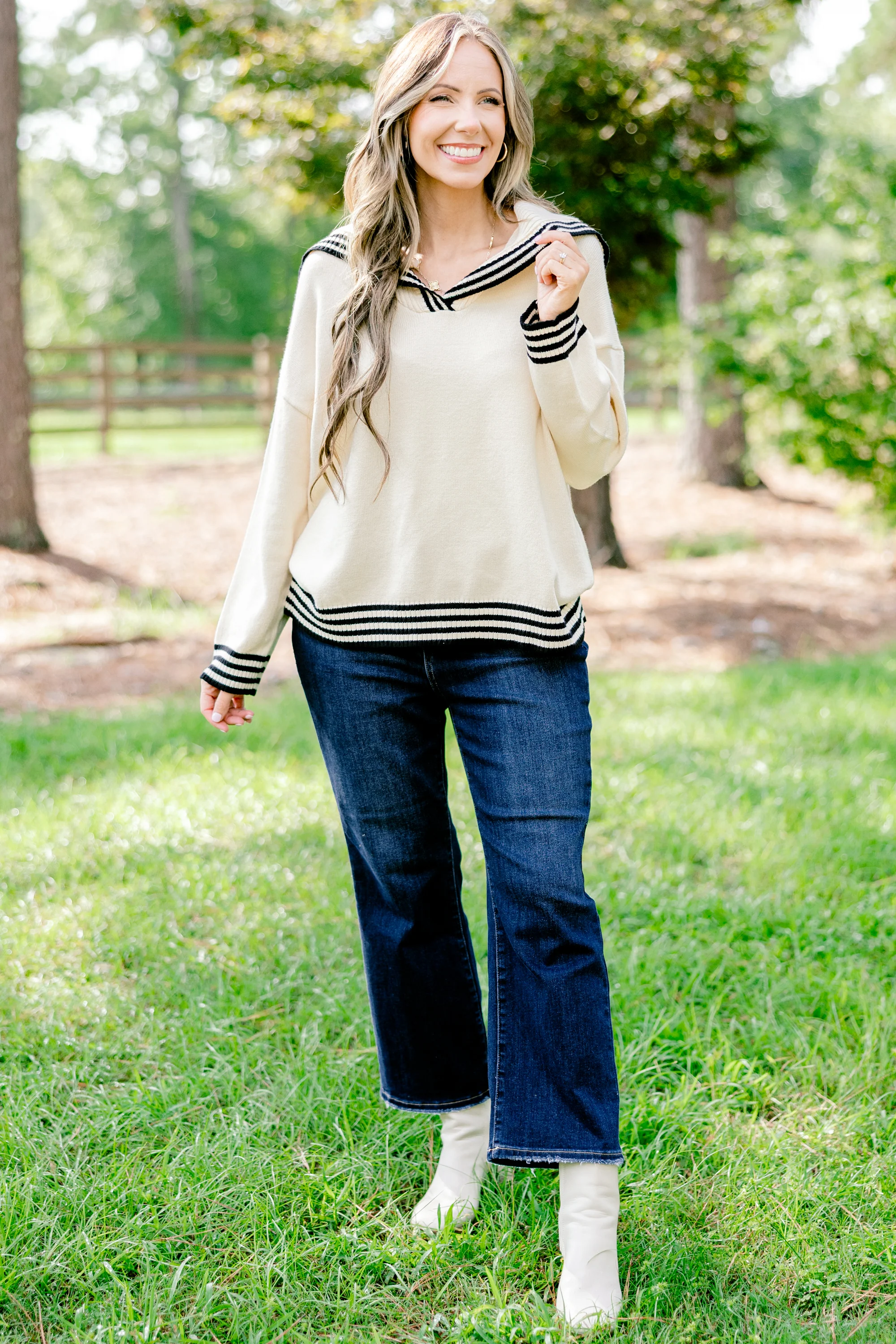 Smiling Through It All Sweater, White Stripe - Weilaico