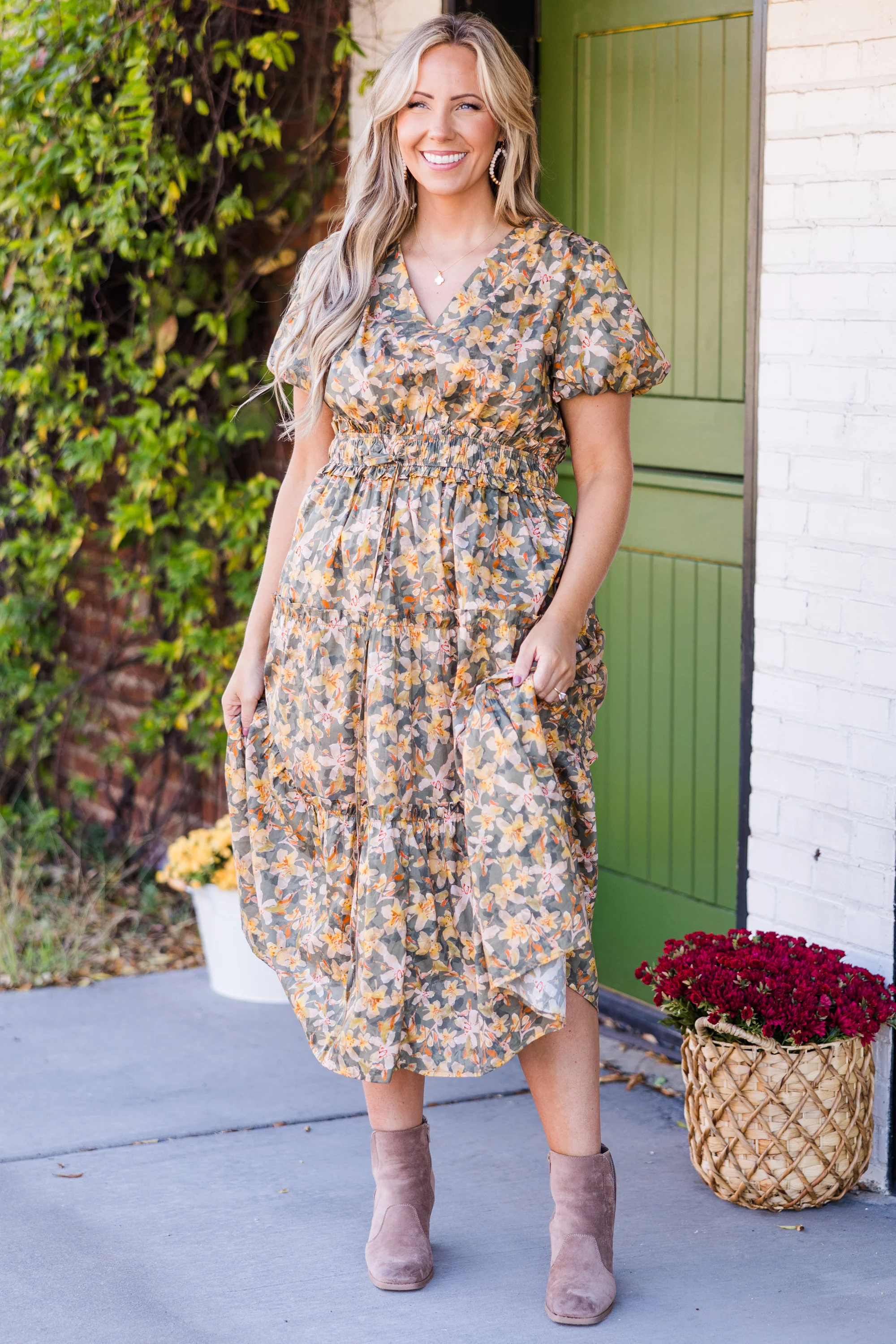 Muted Garden Midi Dress, Yellow - Weilaico