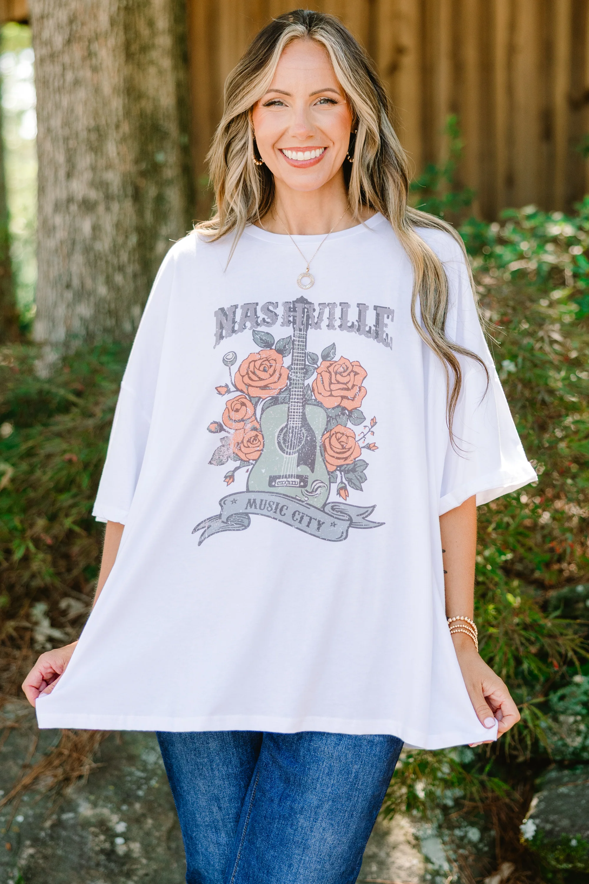 Nashville Glam Boyfriend Tee, White - Weilaico