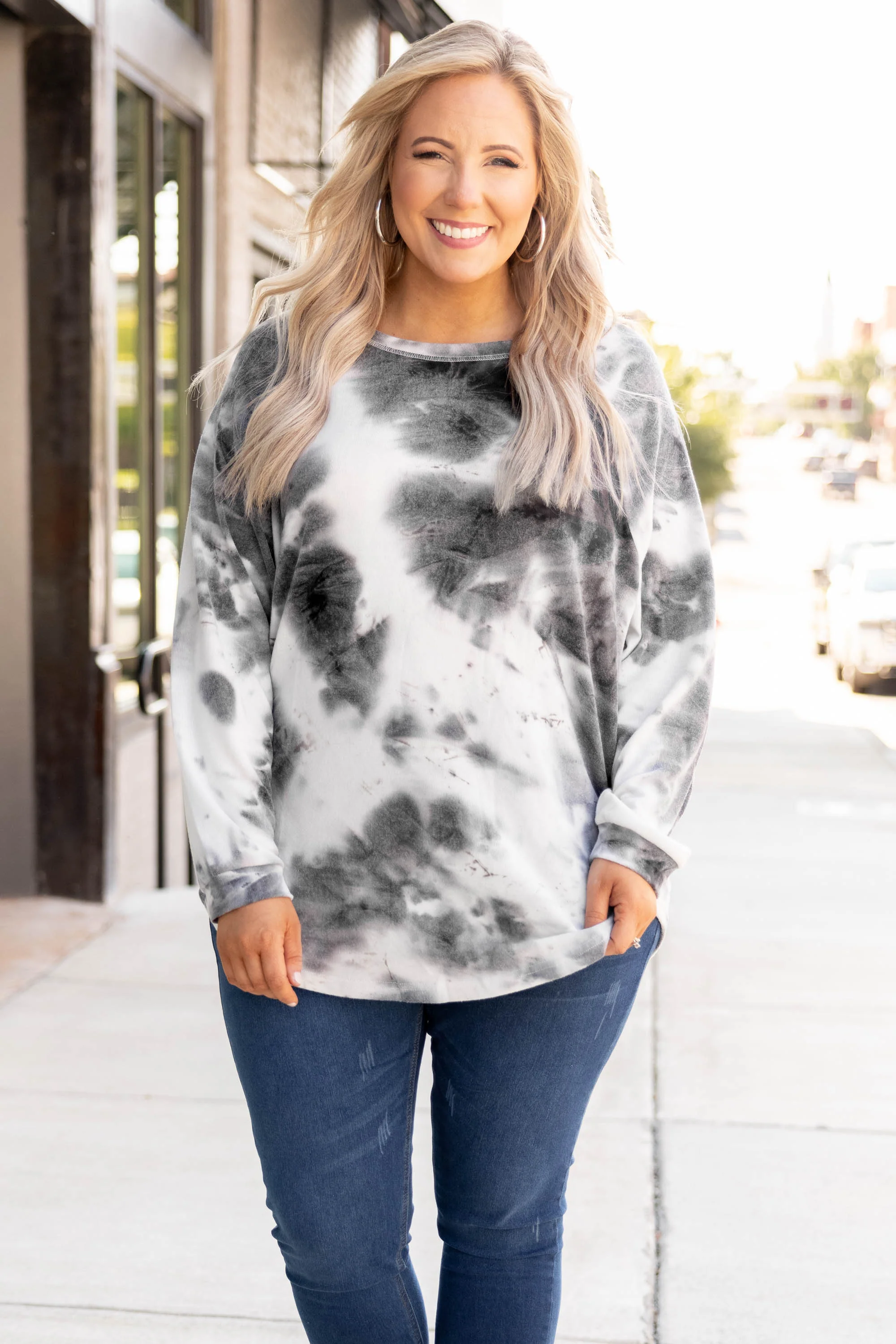 Curved Hem Slouchy Dolman Tunic, Tie Dye Gray-White - Weilaico