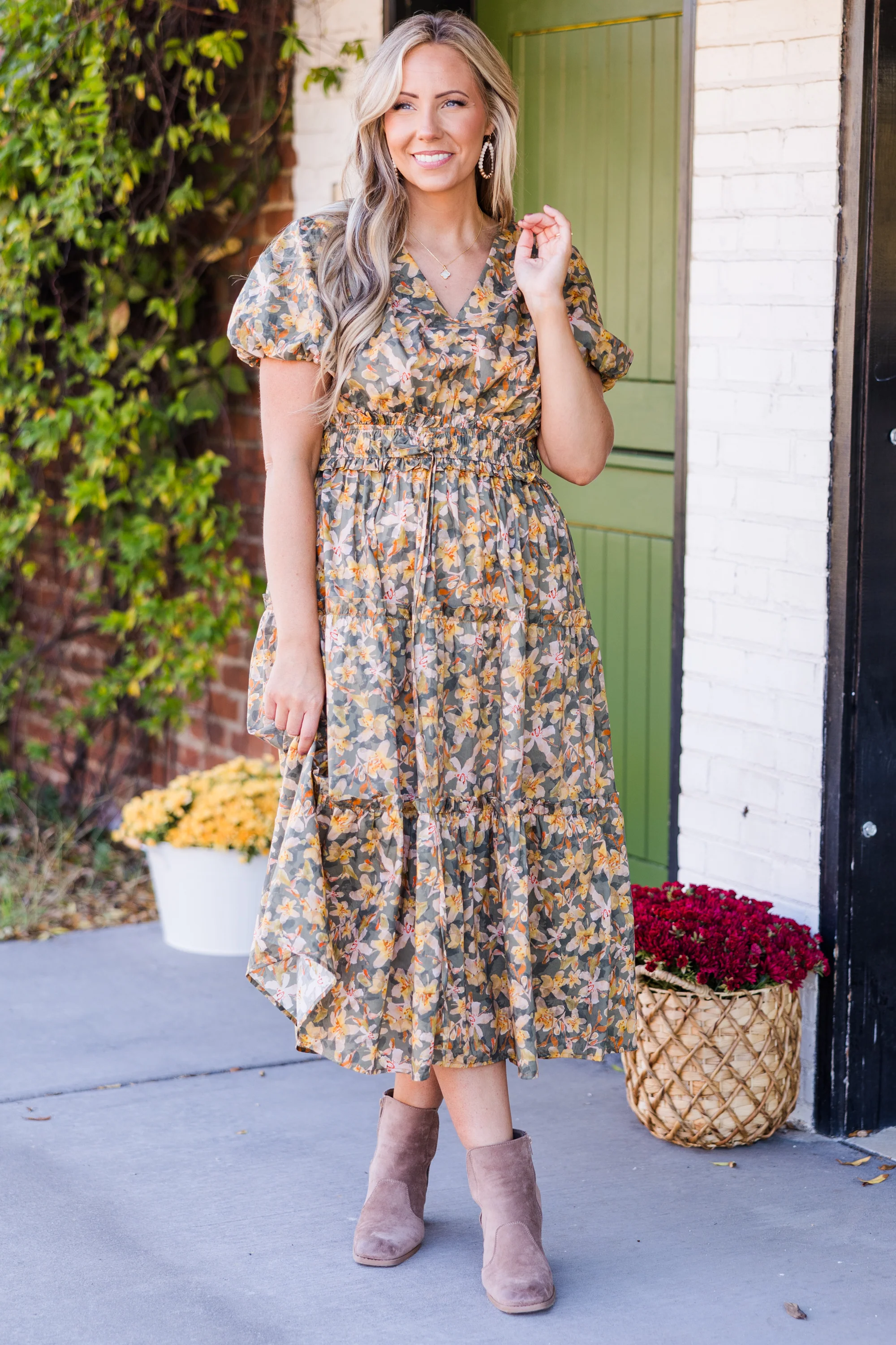 Muted Garden Midi Dress, Yellow - Weilaico