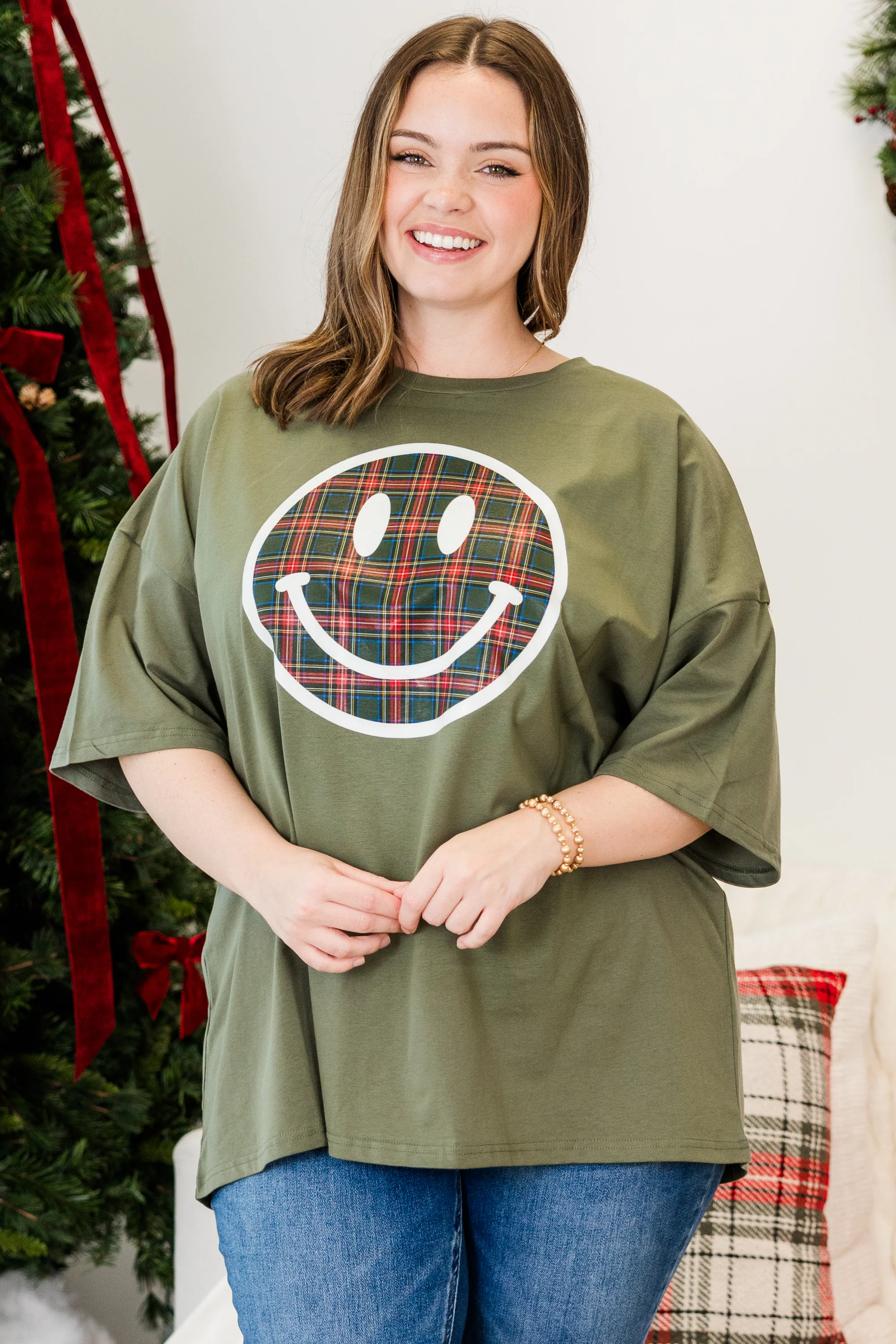 Plaid Smiley Boyfriend Tee, Moss - Weilaico