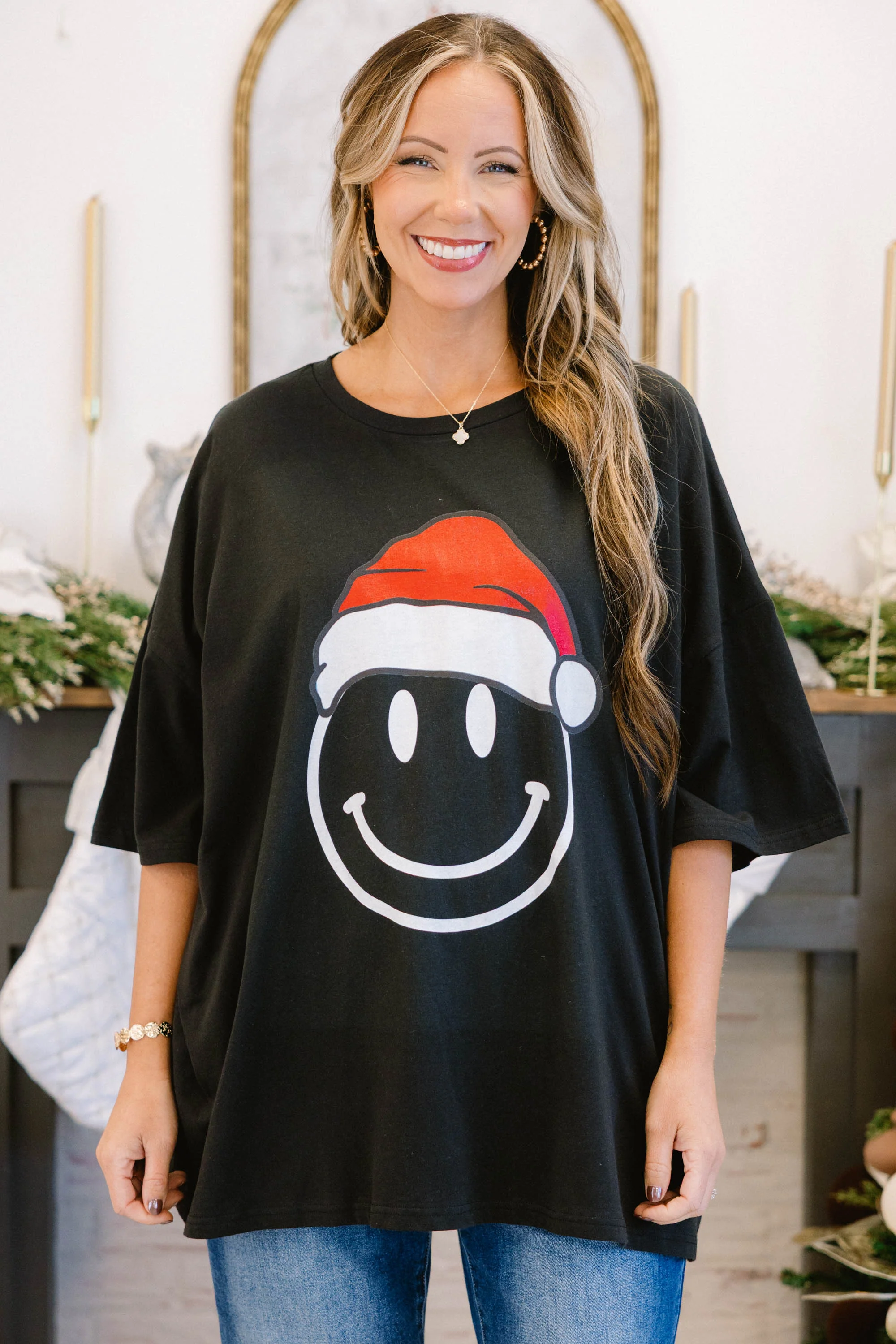 Remember To Smile Santa Boyfriend Tee, Black - Weilaico