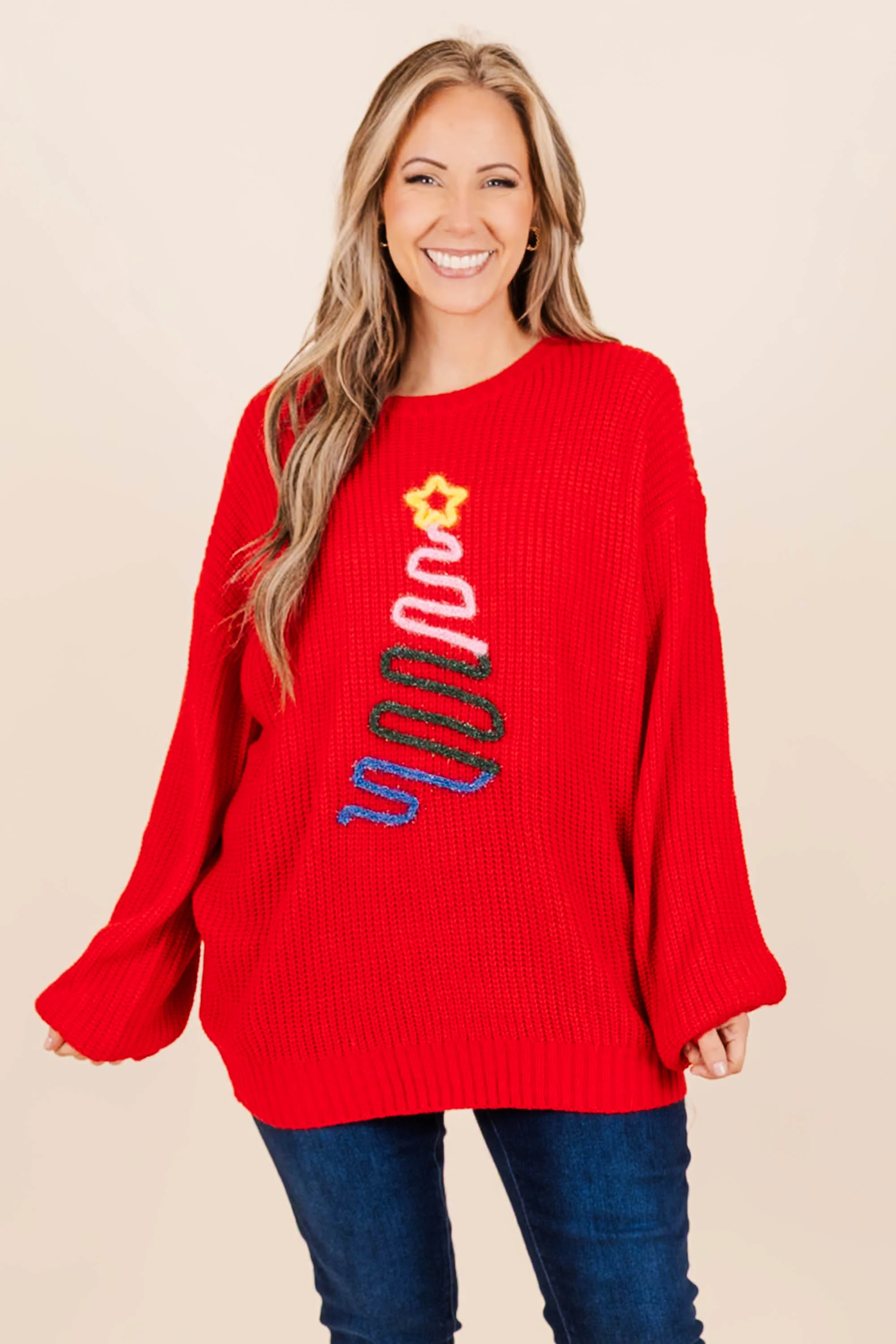 Star On Top Sweater, Red - Weilaico