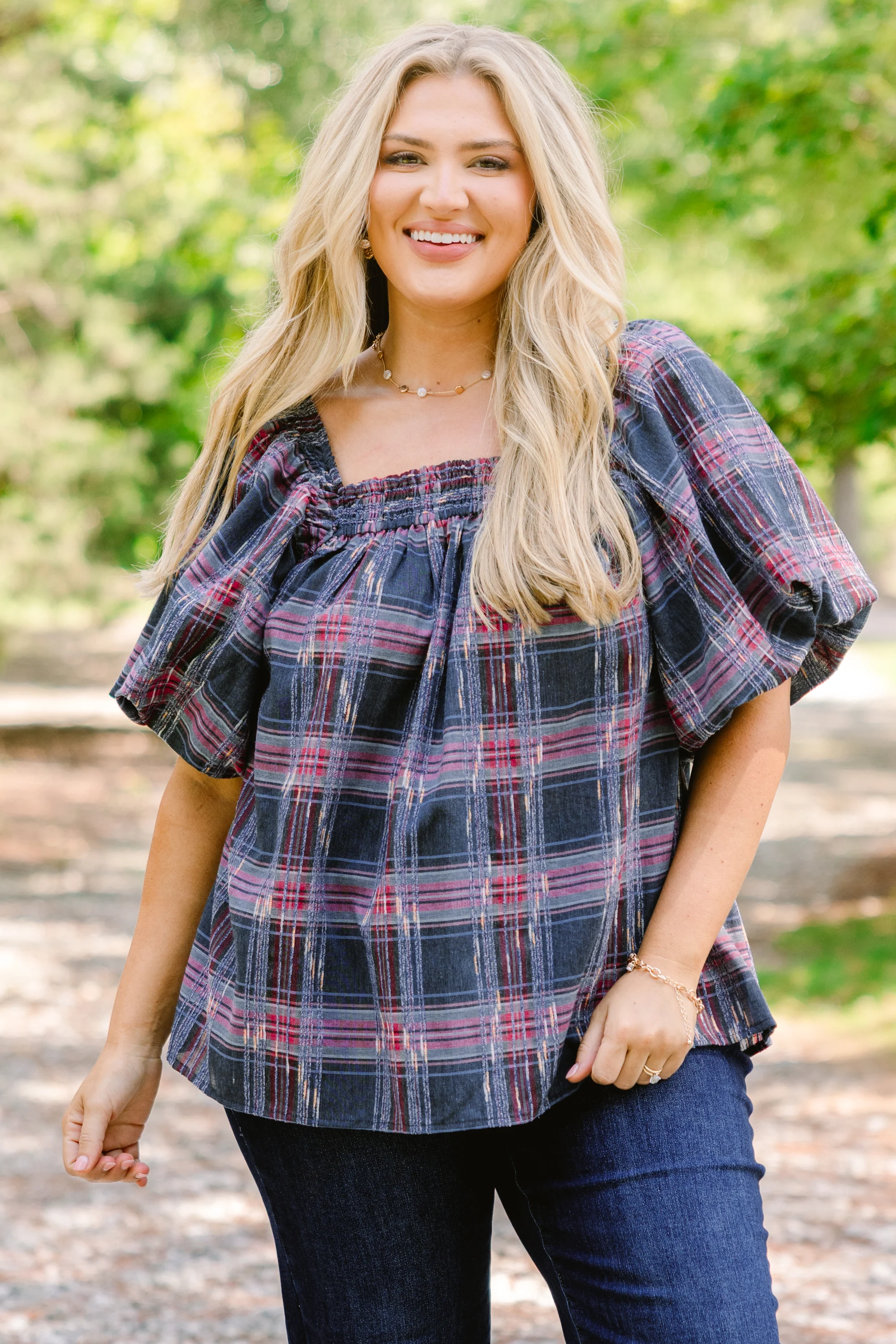Cozy Love Top, Gray-Pink Plaid - Weilaico