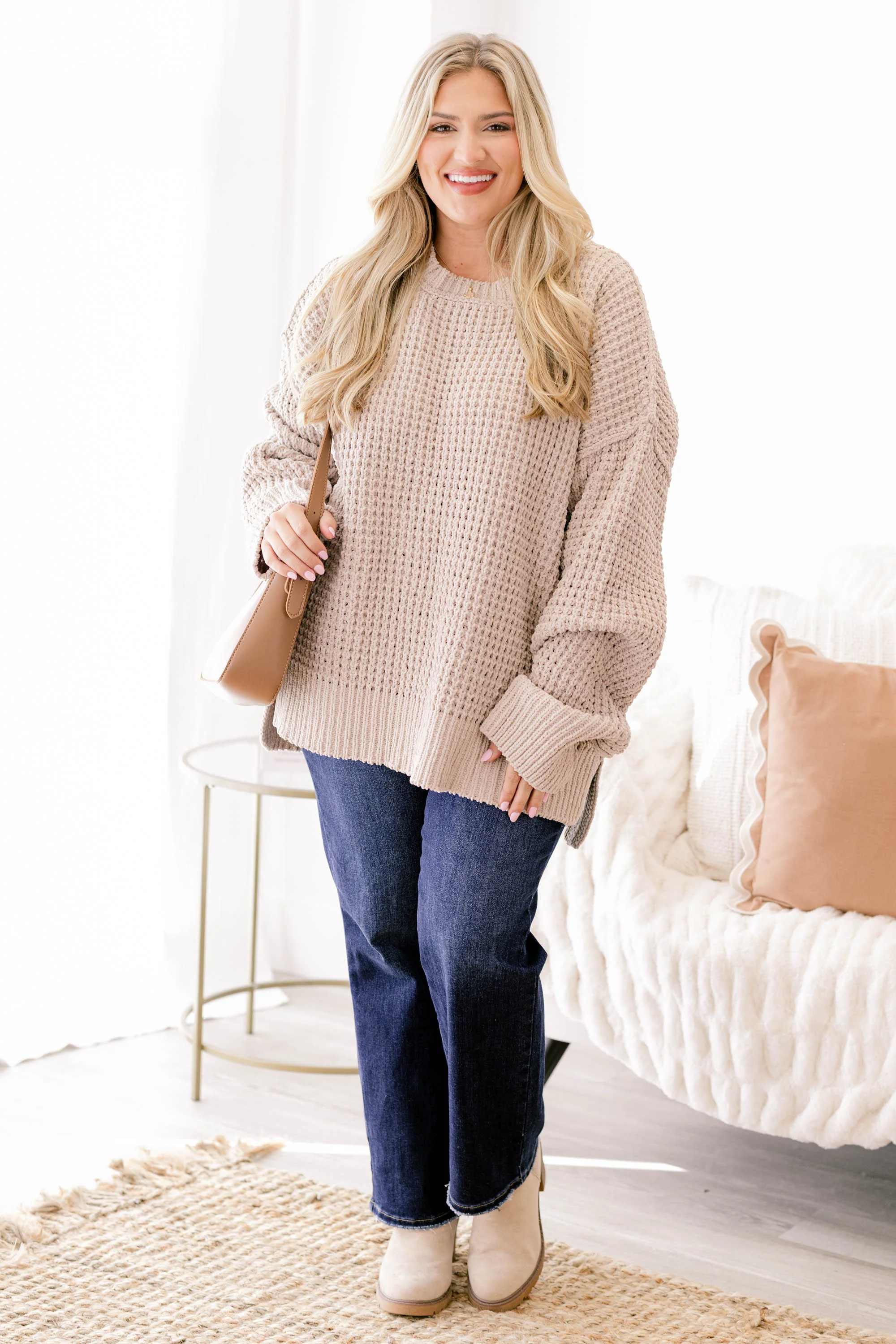 Falling Petals Sweater, Taupe - Weilaico