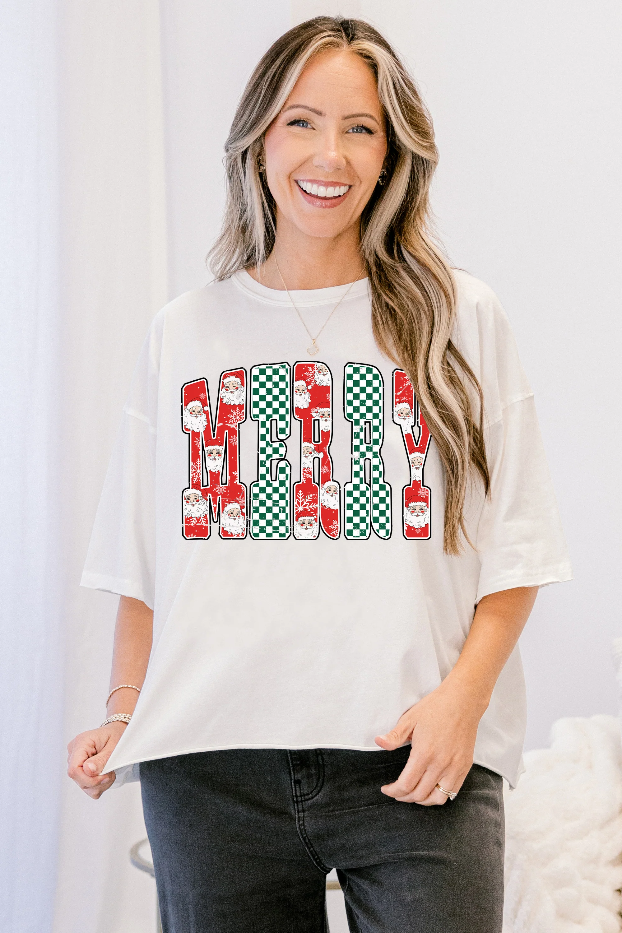 Merry Santa Vintage Wash Tee, White - Weilaico