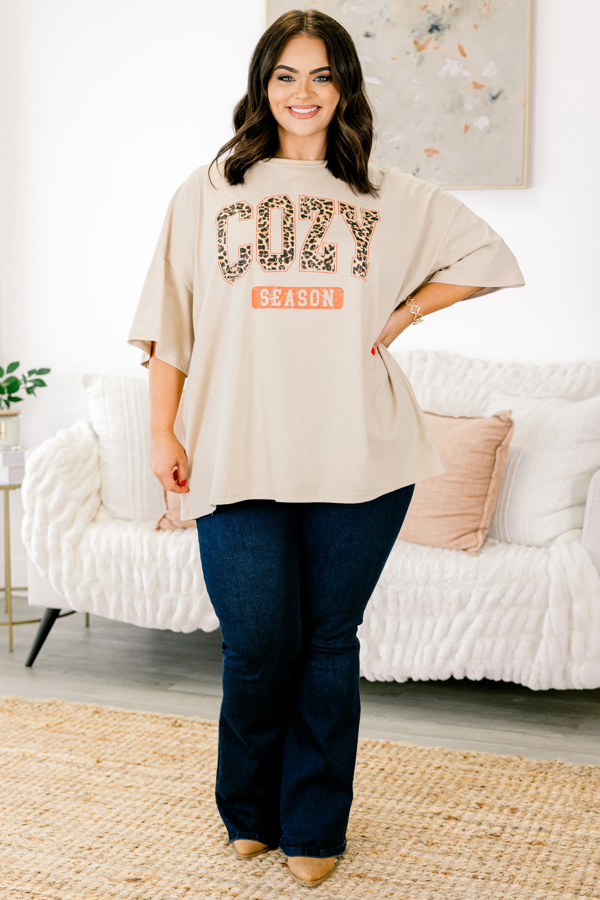 Let's Get Cozy Boyfriend Tee, Light Mocha - Weilaico