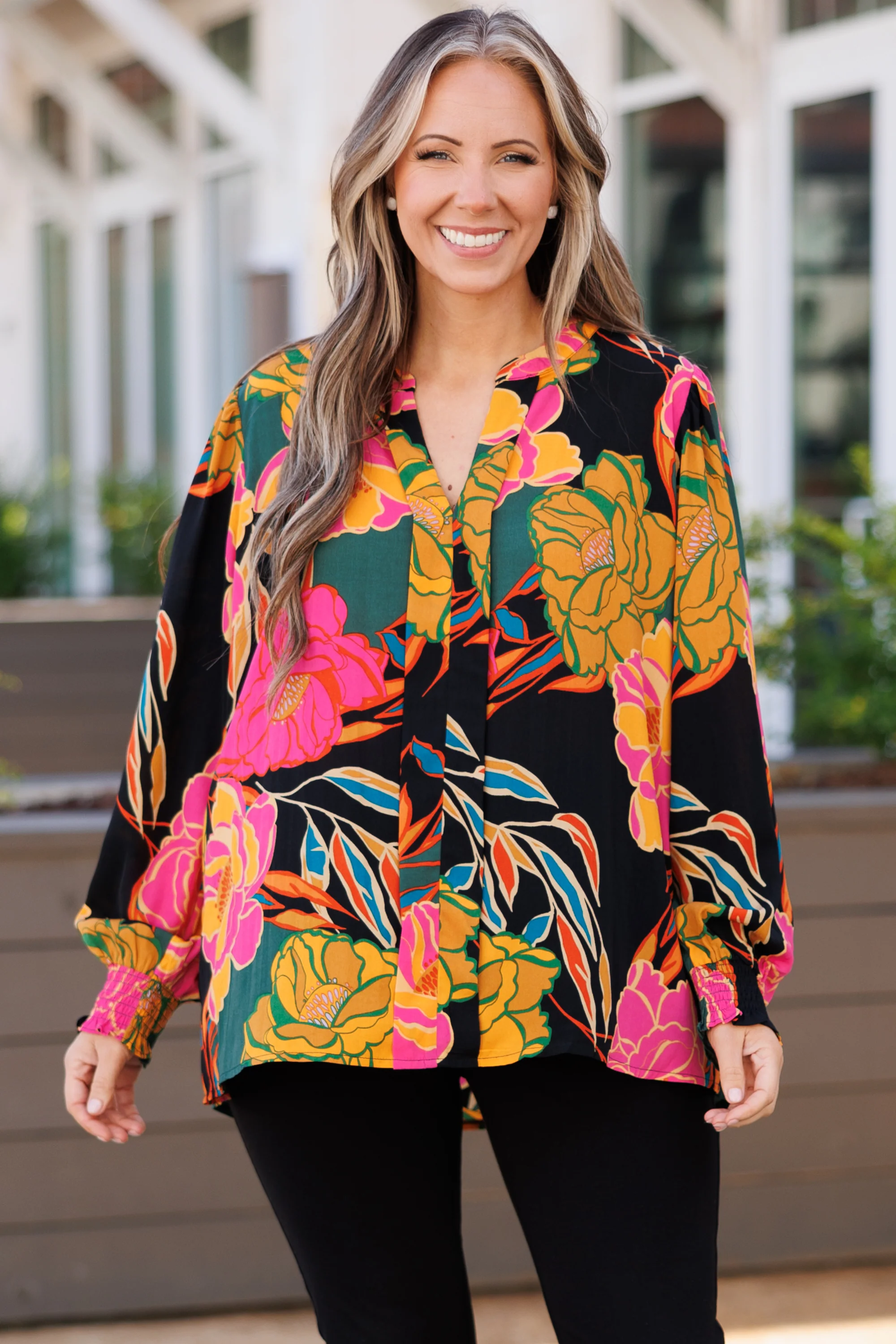 Vibrant Vine Blouse, Black - Weilaico