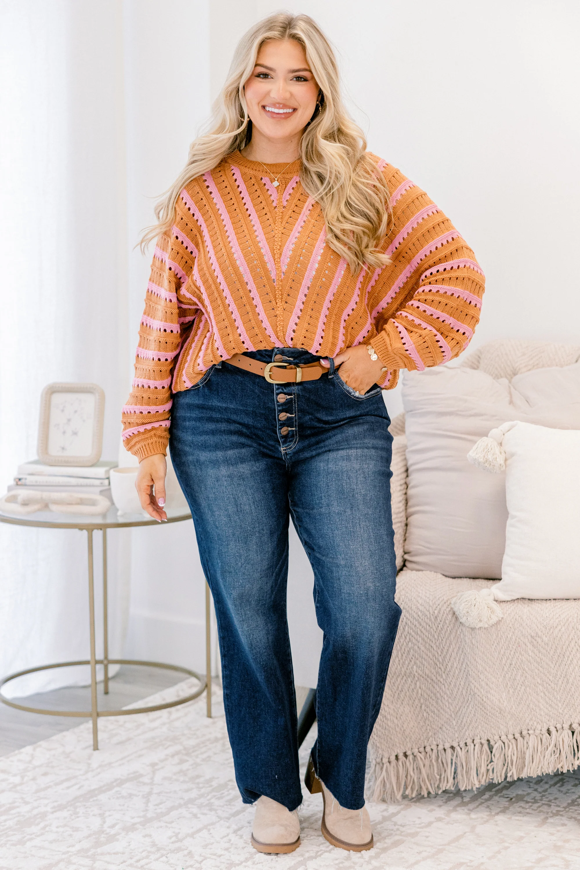 Hometown Memories Sweater, Brown-Pink - Weilaico