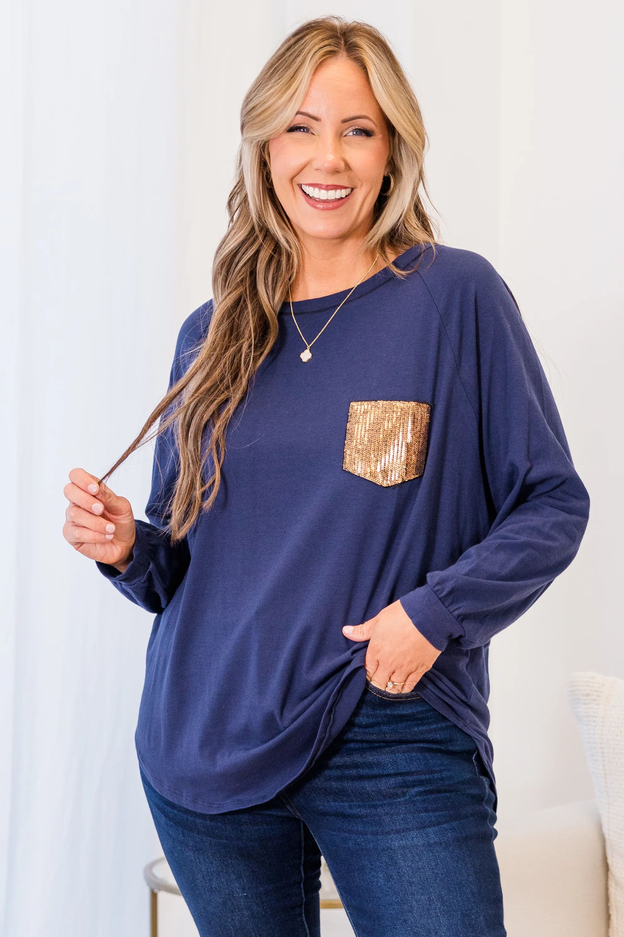 Curved Hem Slouchy Dolman Tunic, Navy Sequin - Weilaico