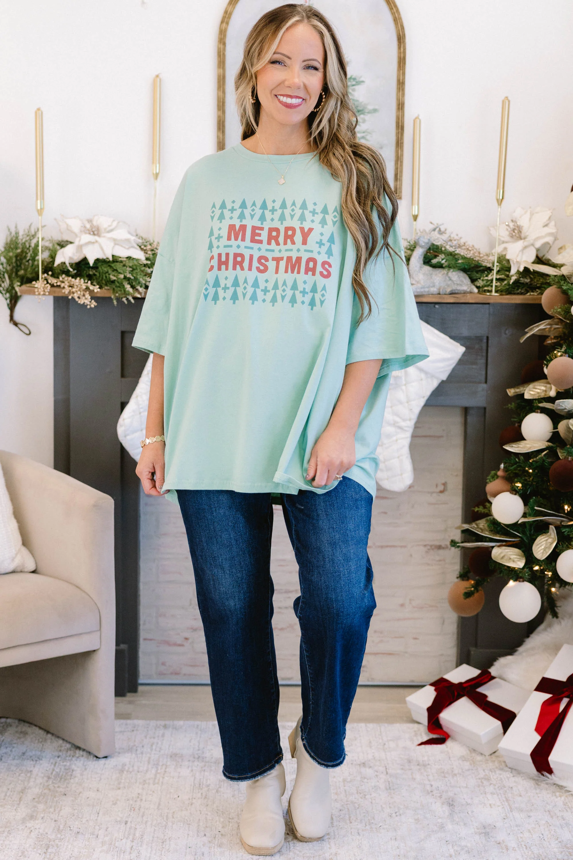 Merry Little Christmas Boyfriend Tee, Light Green - Weilaico