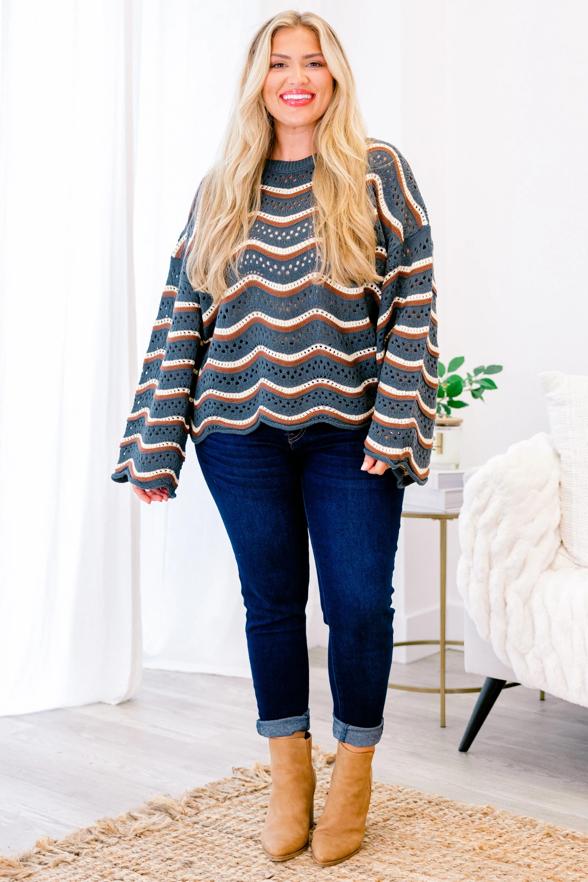 Wavy Comfort Sweater, Navy - Weilaico
