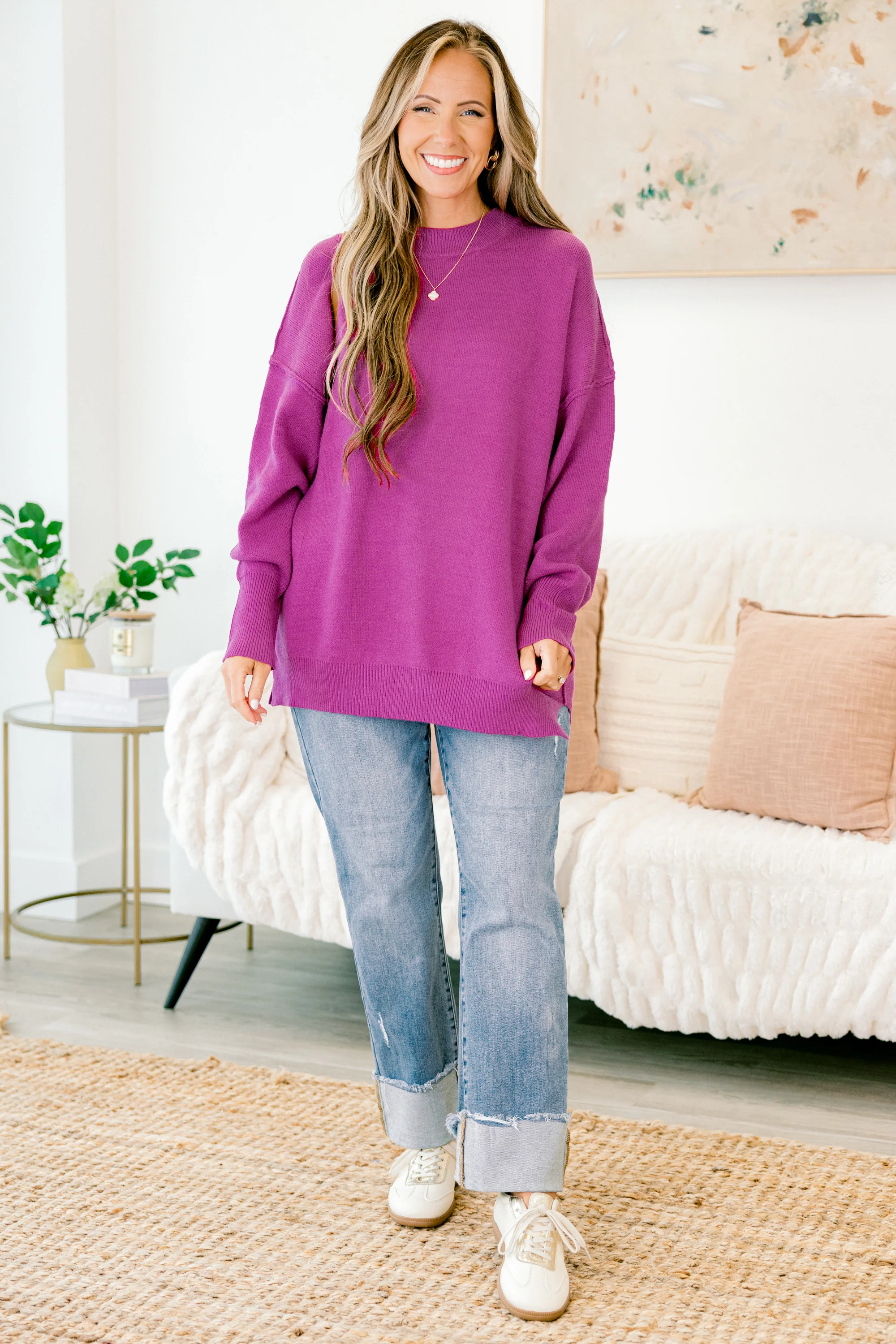 Busy Being Me Sweater, Fuchsia - Weilaico