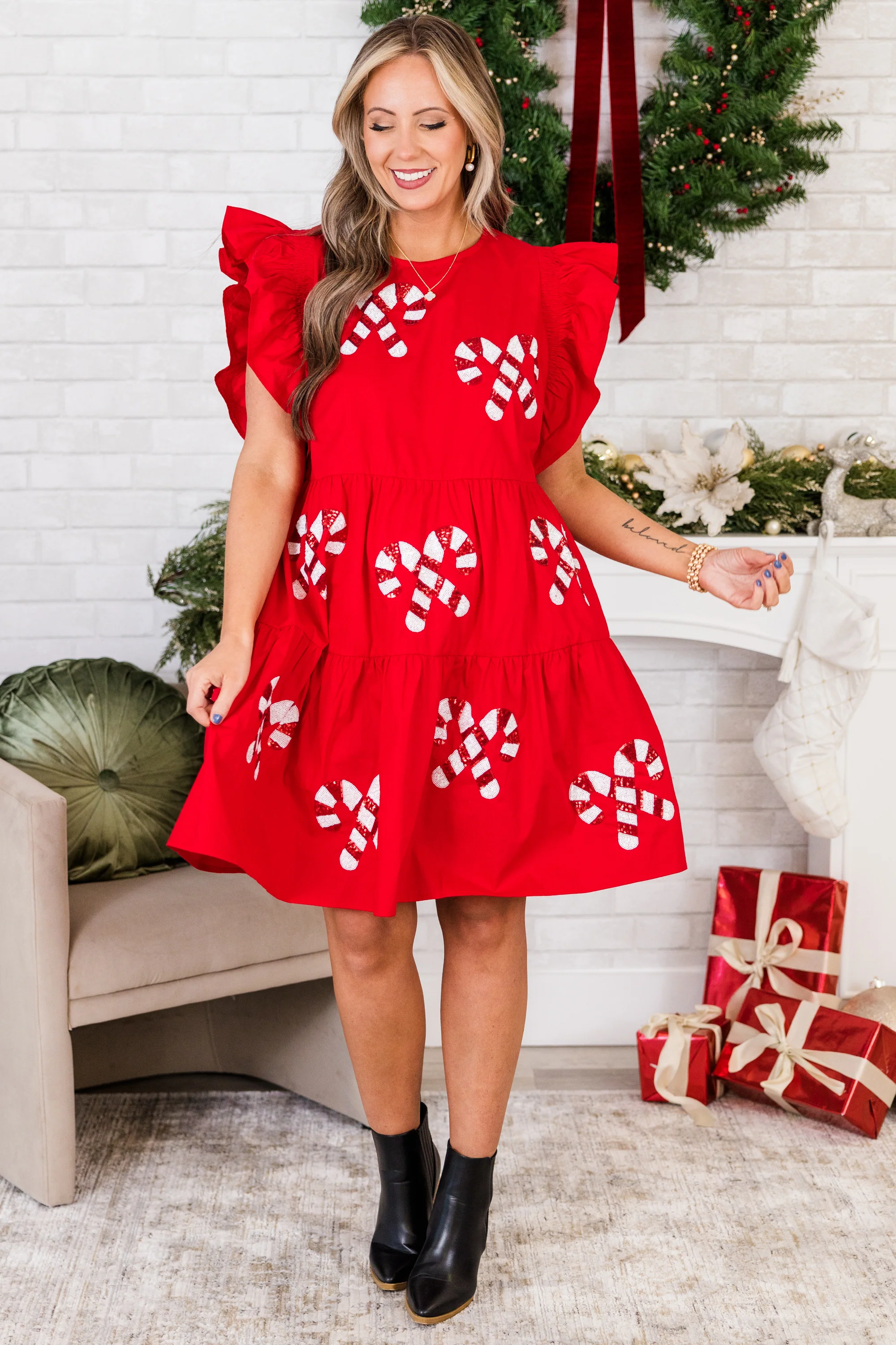Candy Cane Charm Dress, Red - Weilaico
