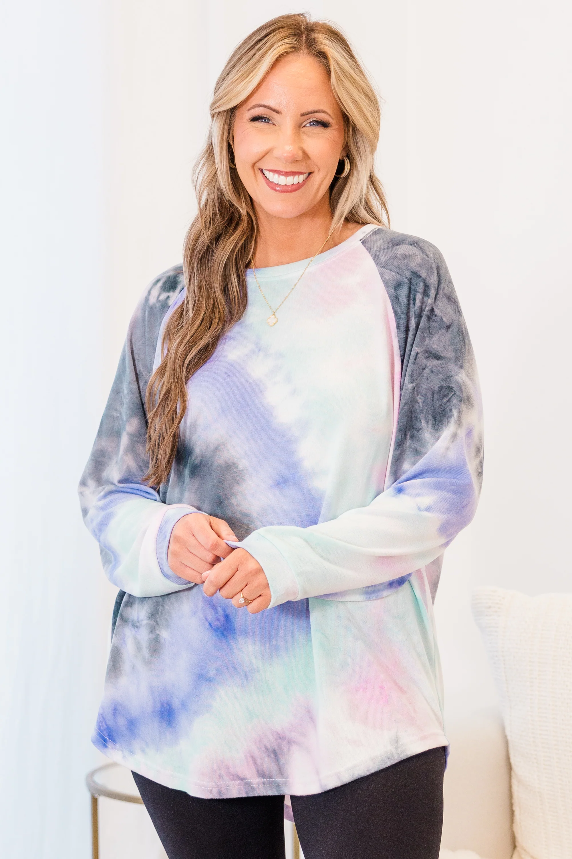 Curved Hem Slouchy Dolman Tunic, Tie Dye Pink & Blue - Weilaico