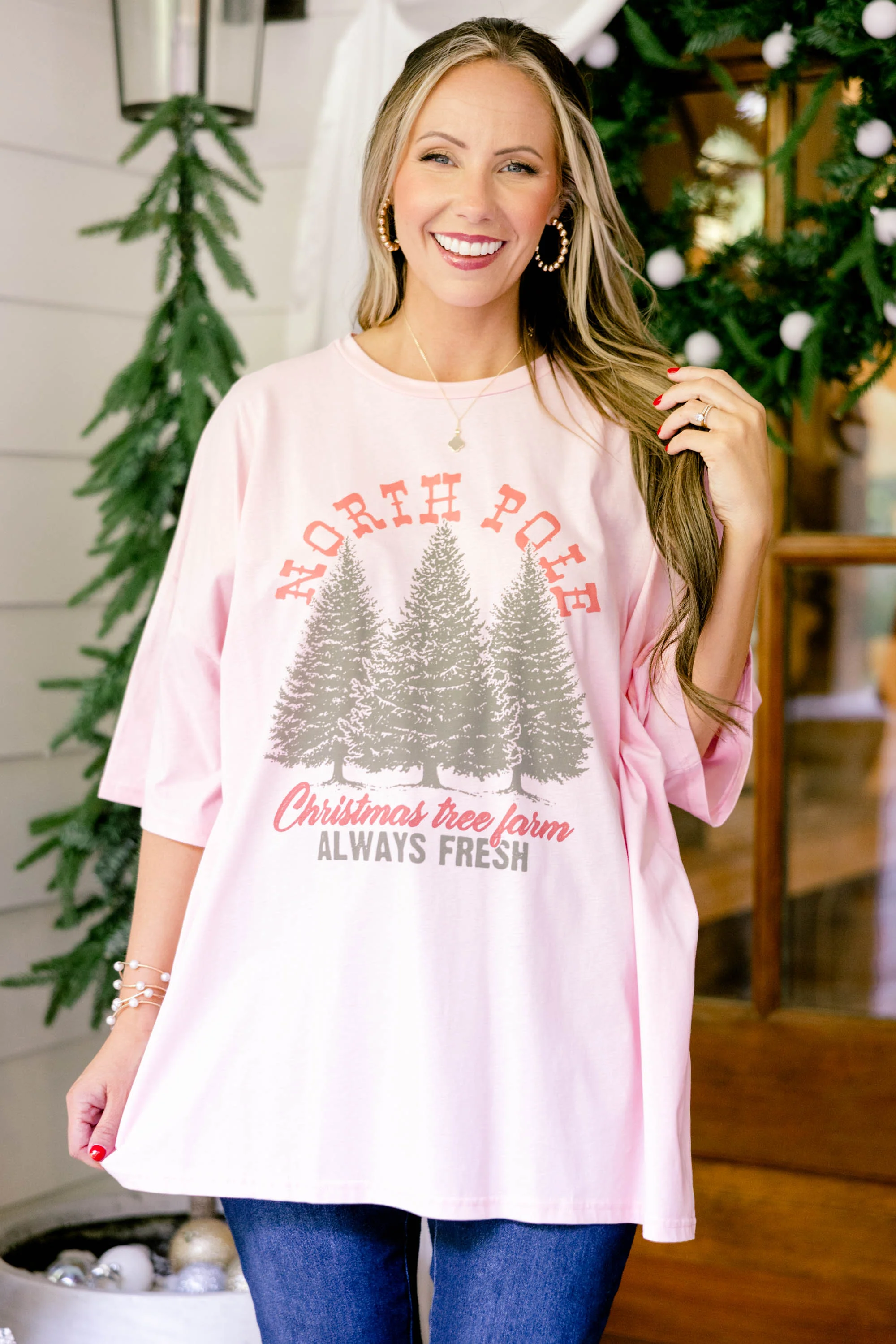 North Pole Tree Farm Boyfriend Tee, Dusty Pink - Weilaico