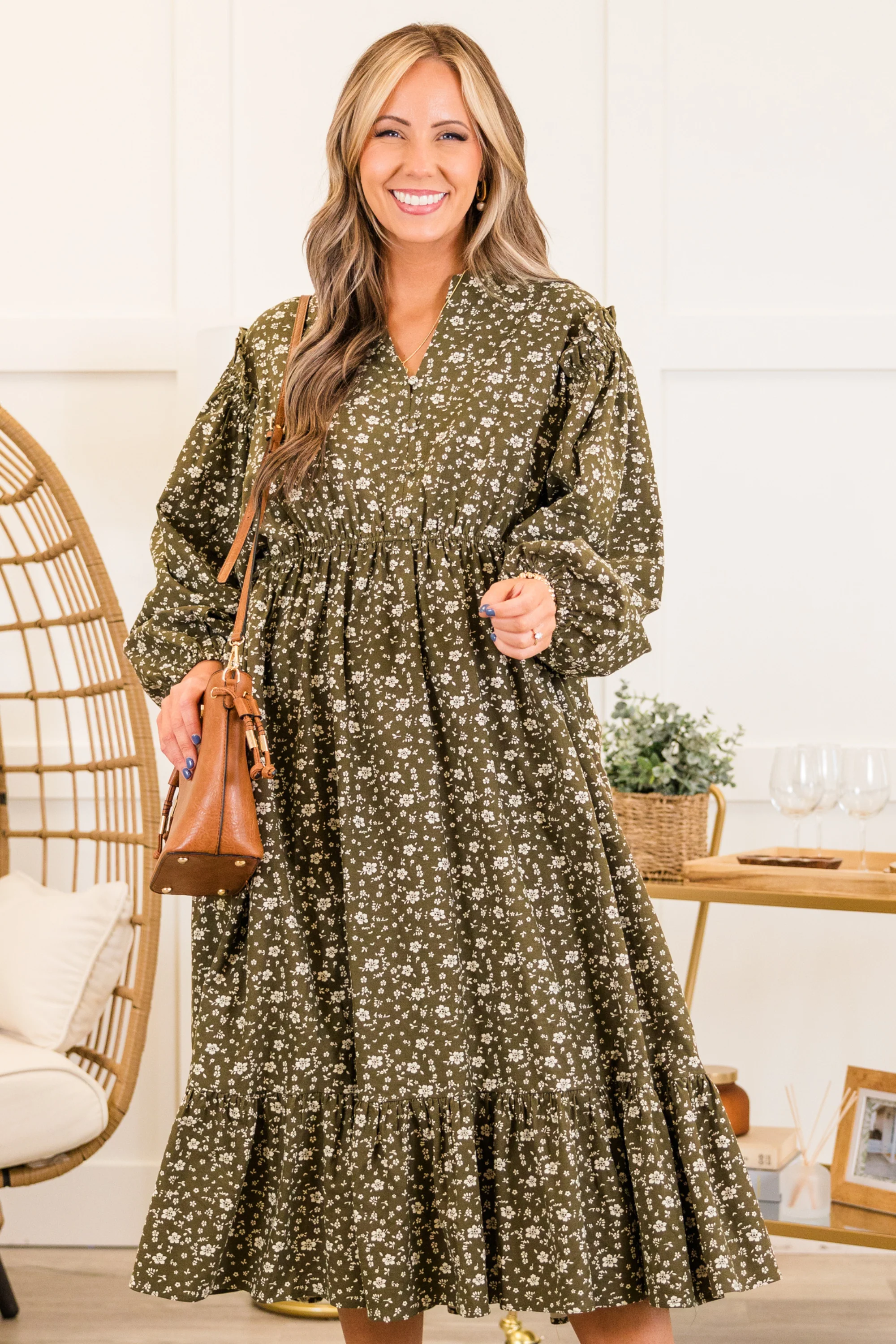 Memorize Today Dress, Olive Floral - Weilaico