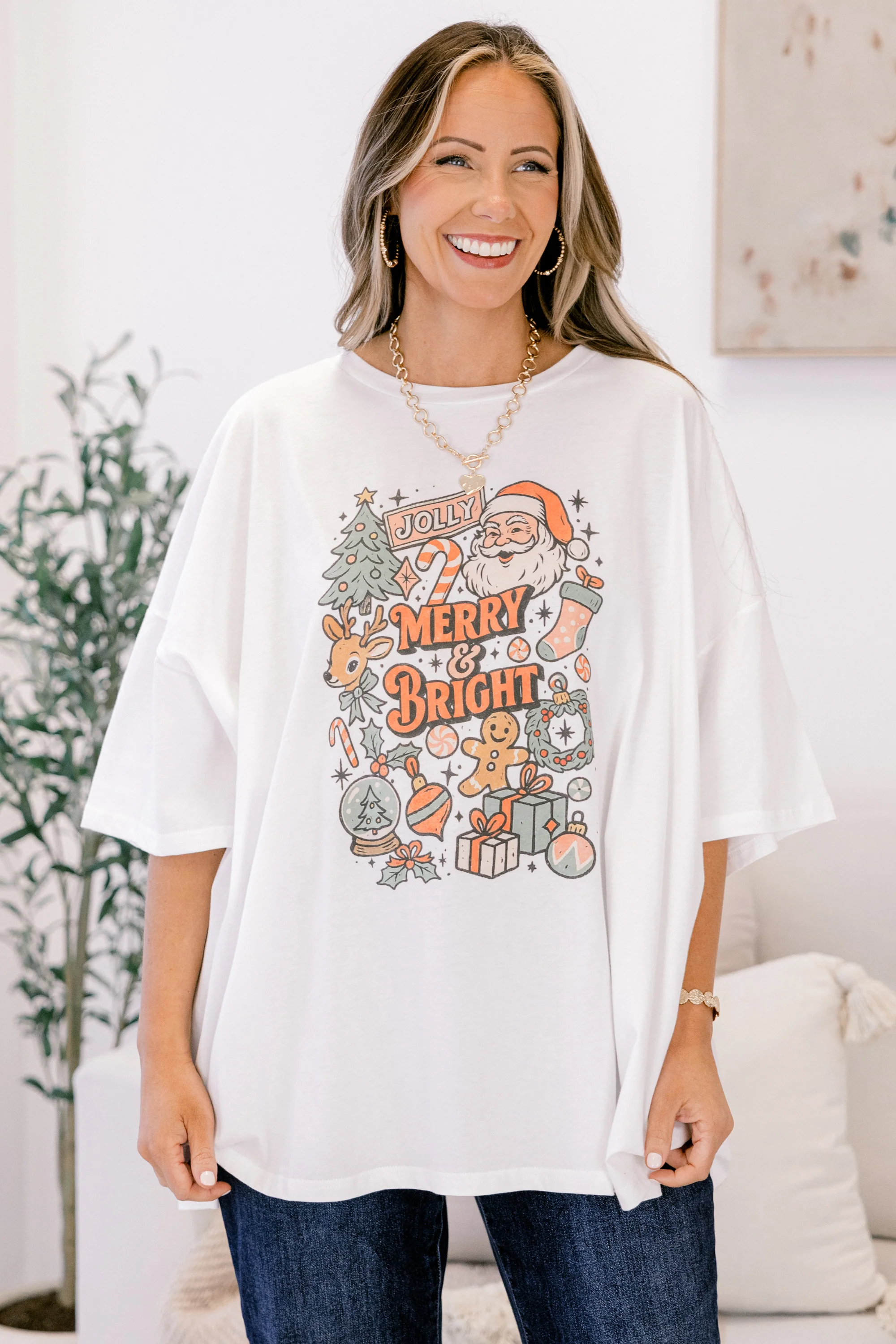 Jolly, Merry and Bright Imported Boyfriend Tee, White - Weilaico