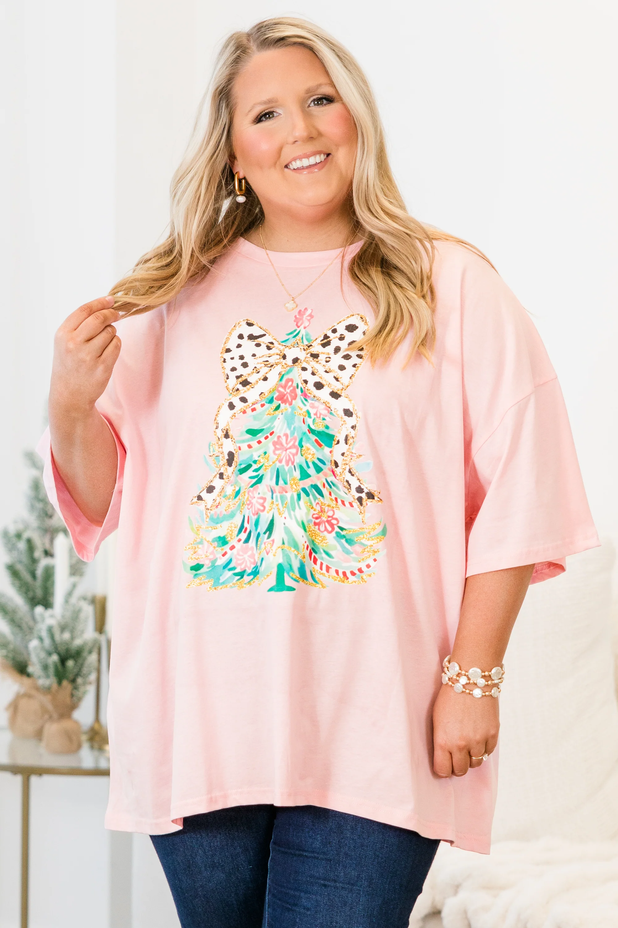 Merry Chic-mas Boyfriend Tee, Dusty Pink - Weilaico