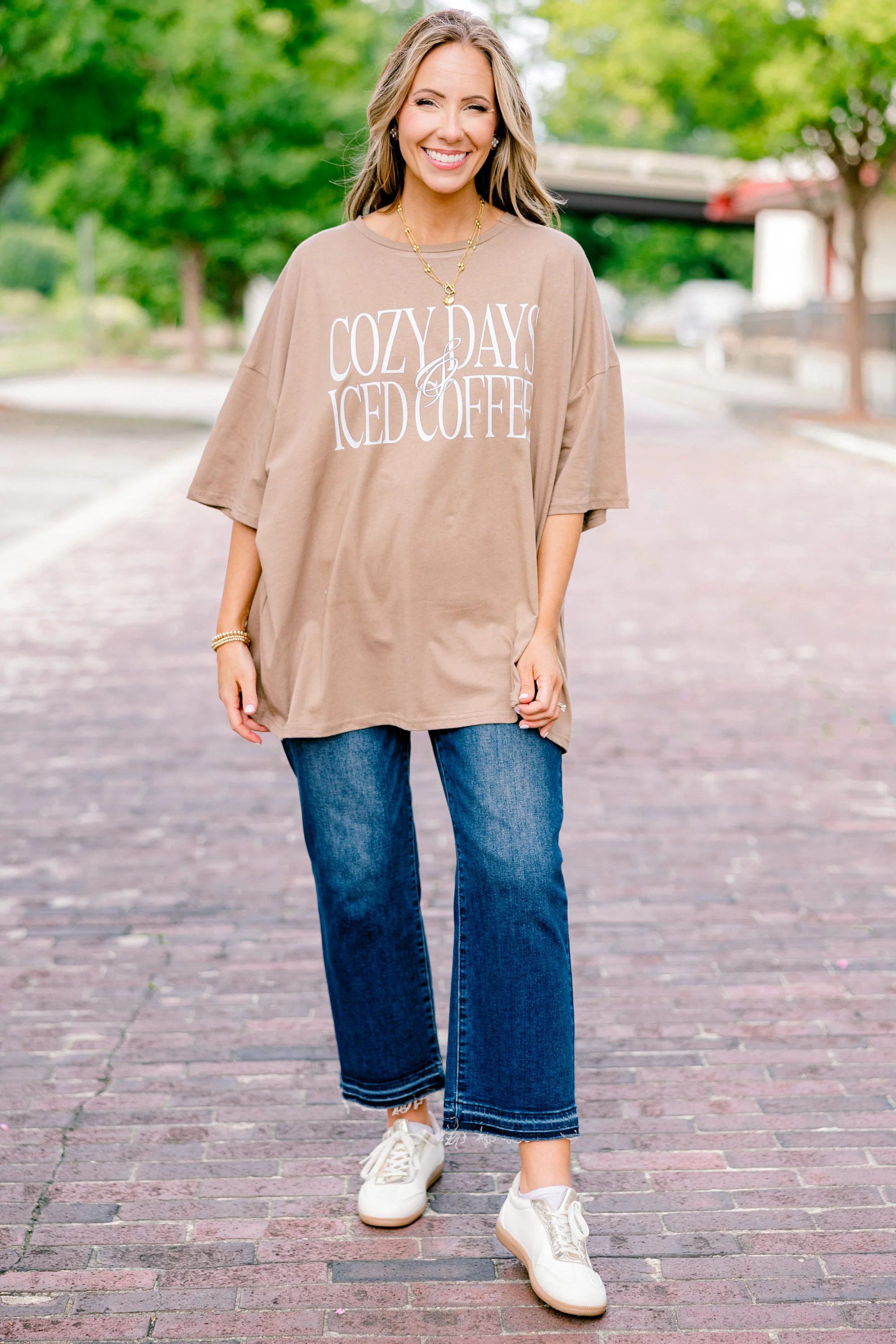 Cozy Days and Iced Coffee Boyfriend Tee, Espresso - Weilaico