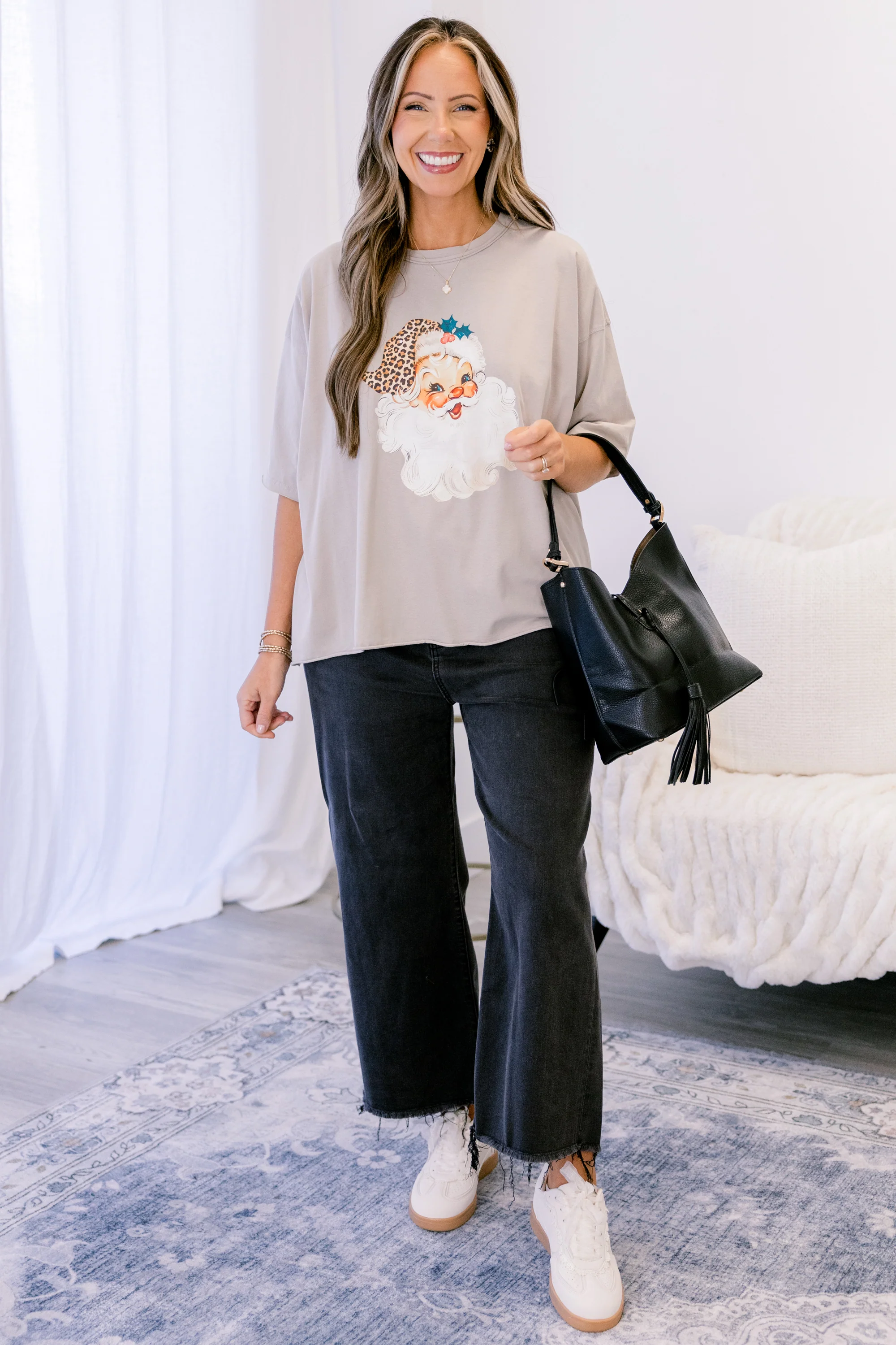 Santa in Leopard Vintage Wash Tee, Stone - Weilaico