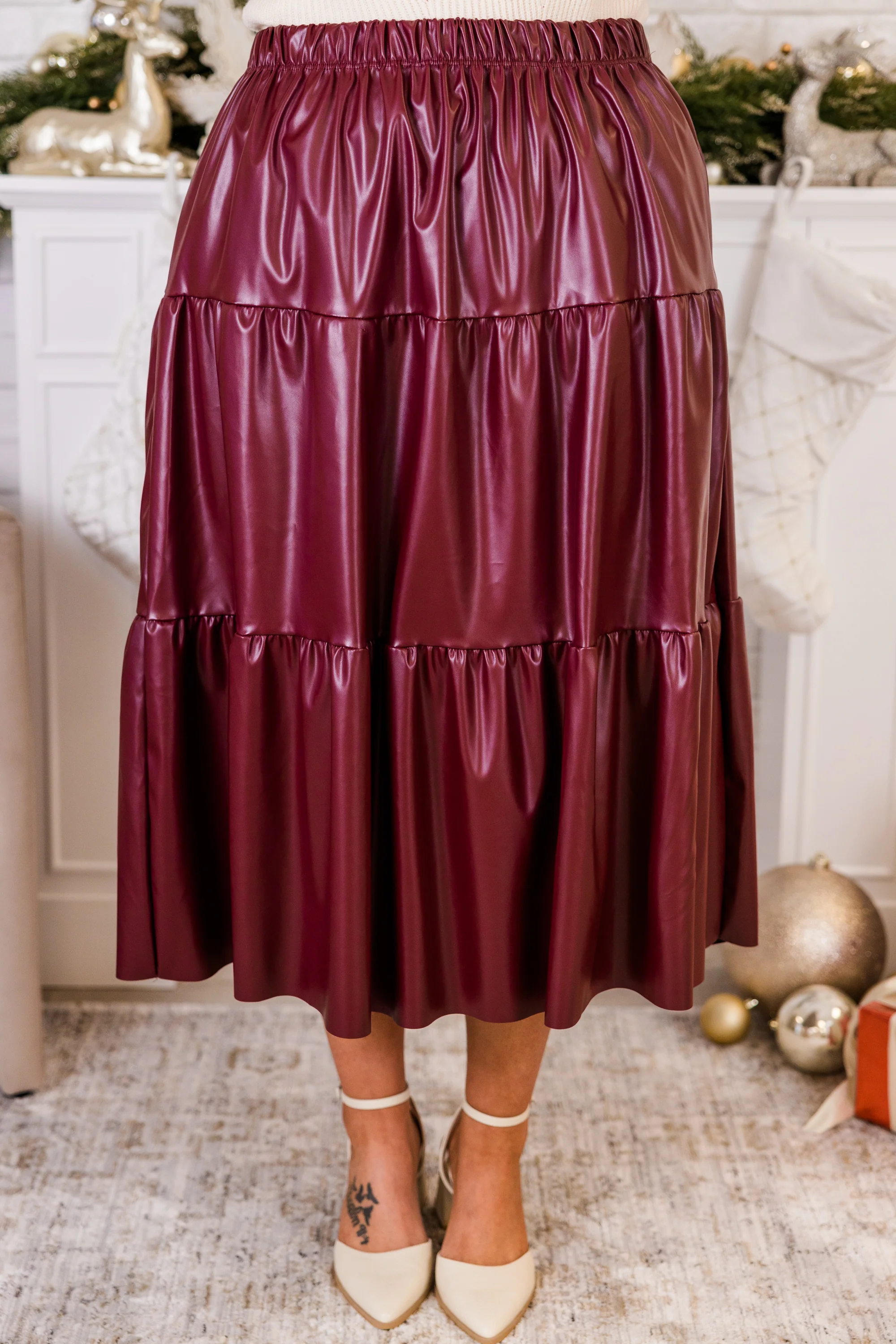 Always and For Leather Skirt, Burgundy - Weilaico