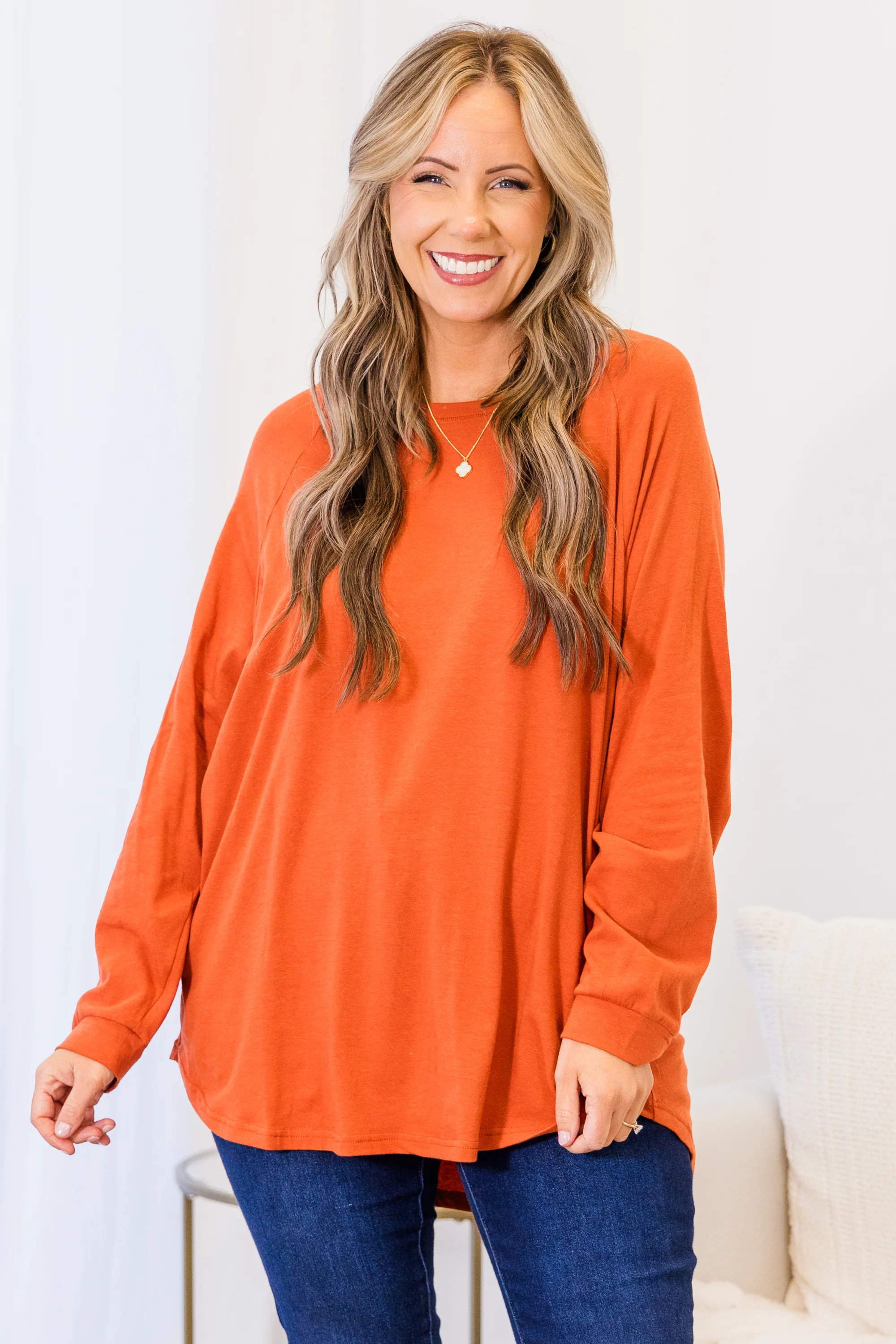 Curved Hem Slouchy Dolman Tunic, Rust - Weilaico