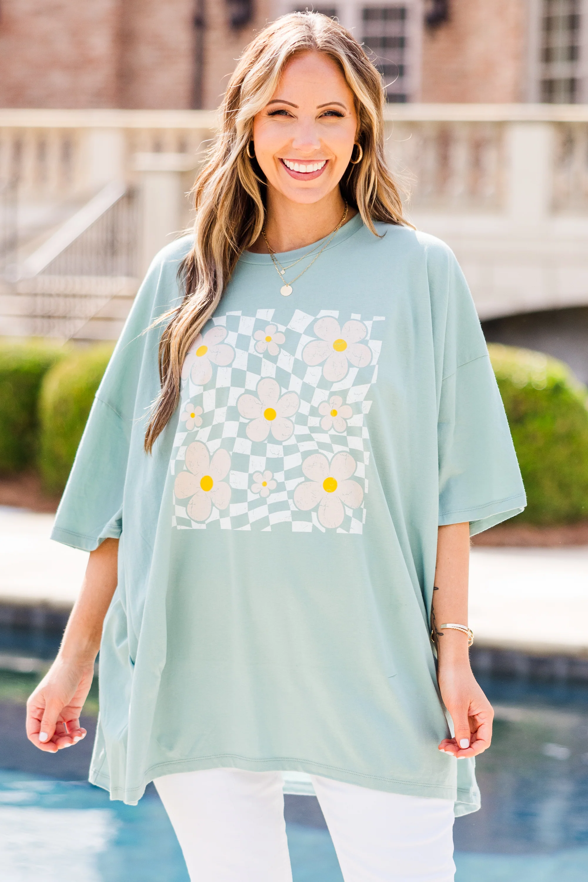 Picking Flowers Boyfriend Tee, Dusty Green - Weilaico