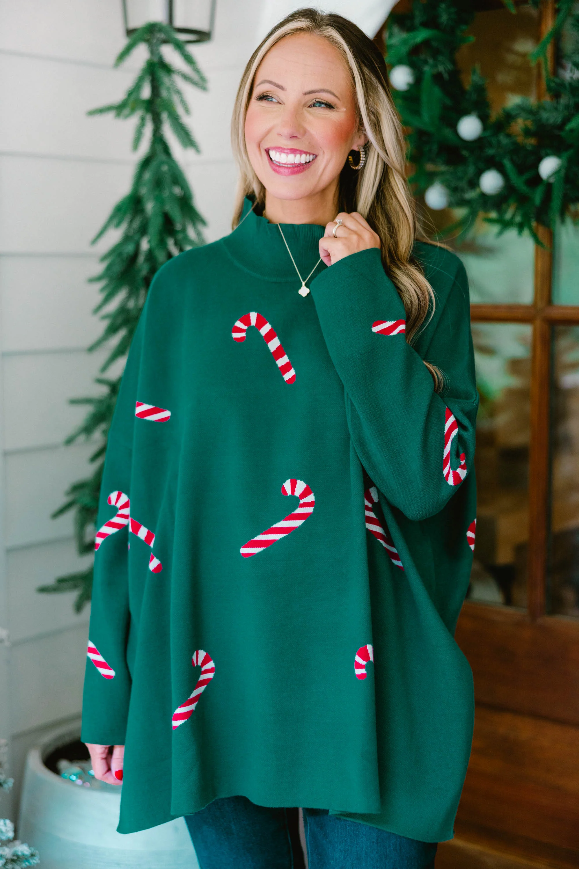 Everything And More Sweater, Green Candy Cane - Weilaico