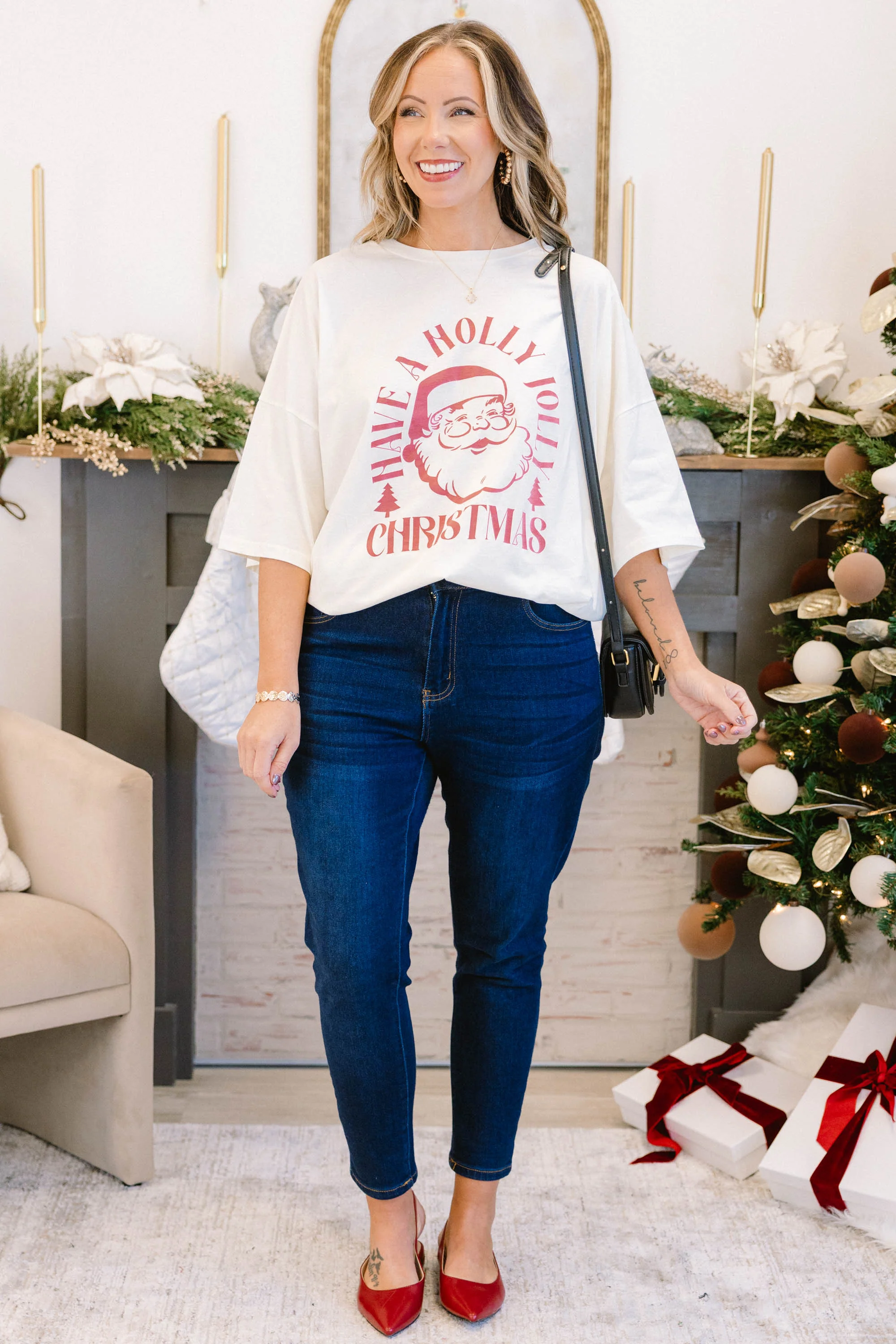 Have A Holly Jolly Christmas Boyfriend Tee, Ivory - Weilaico
