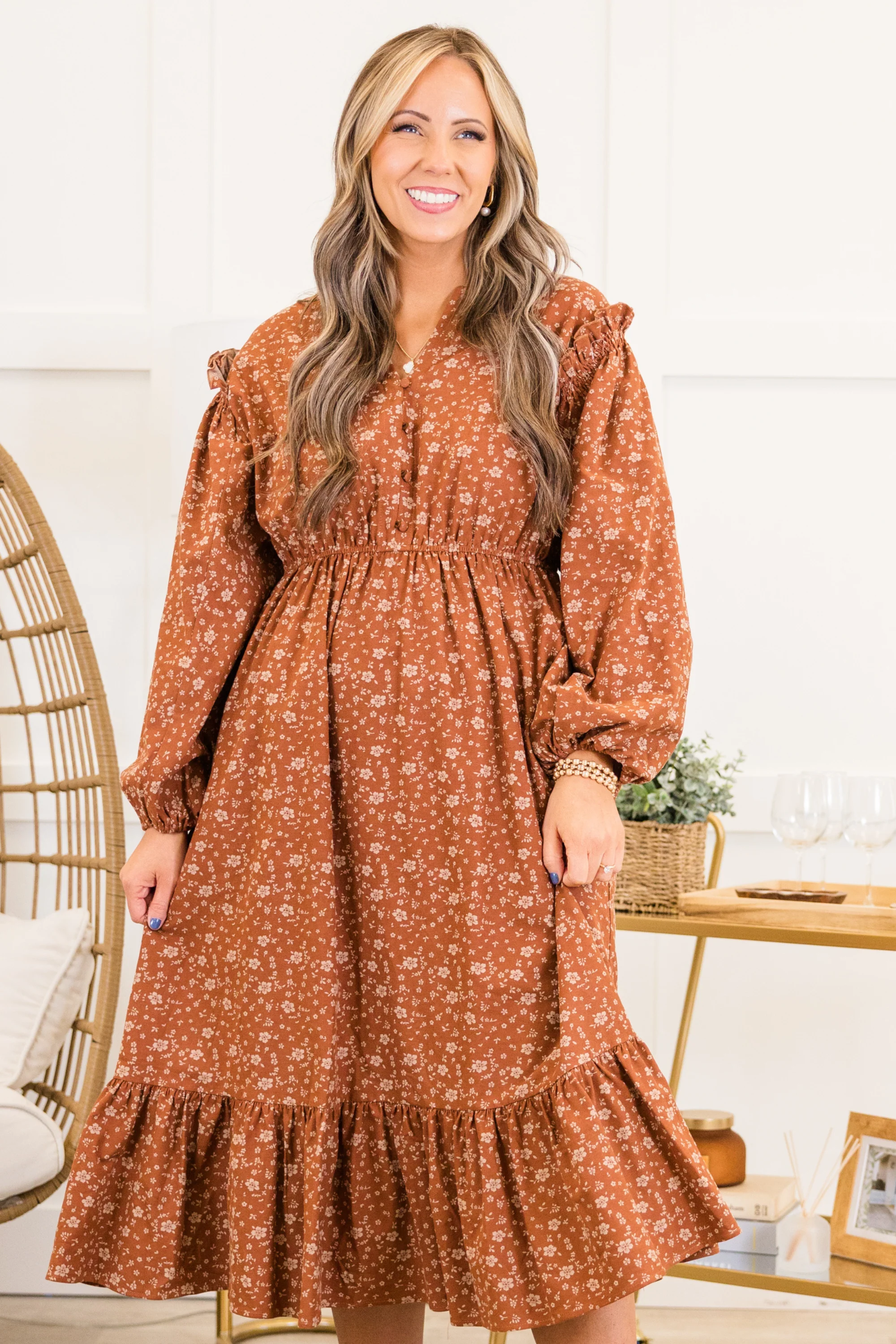 Memorize Today Dress, Rust Floral - Weilaico