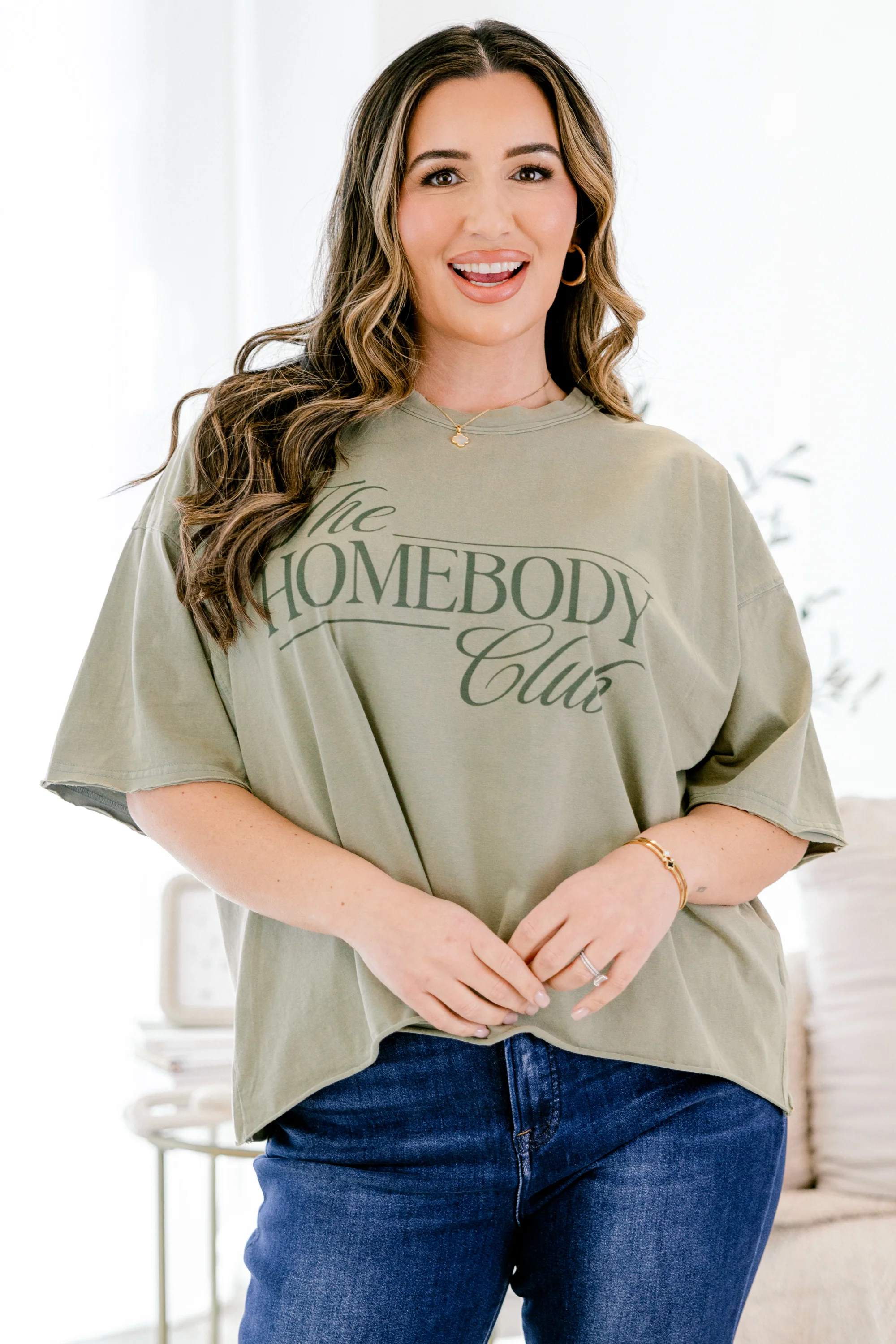 Just a Homebody Vintage Wash Tee, Army Green - Weilaico