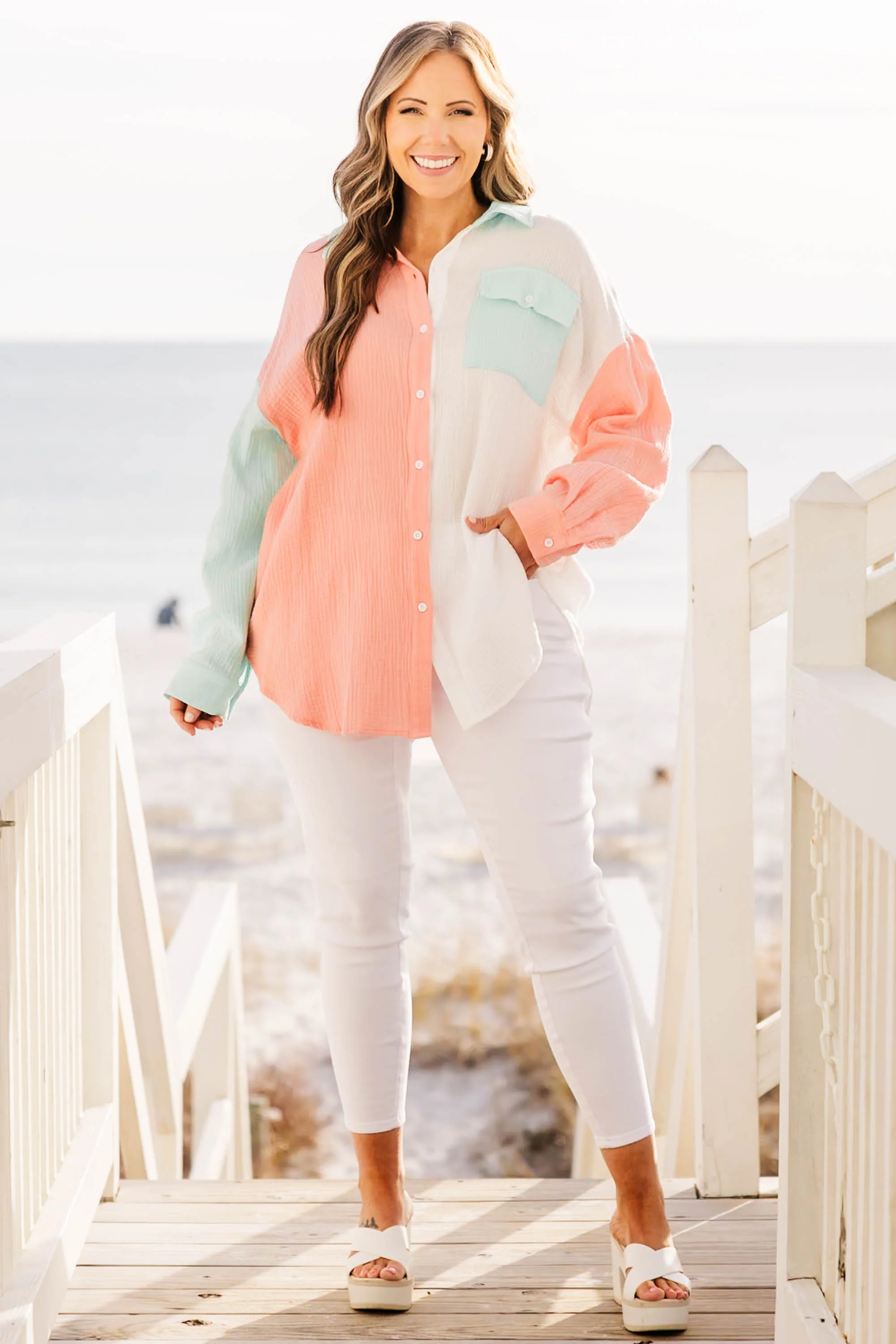 Feeling Sassy Top, Coral-Blue - Weilaico