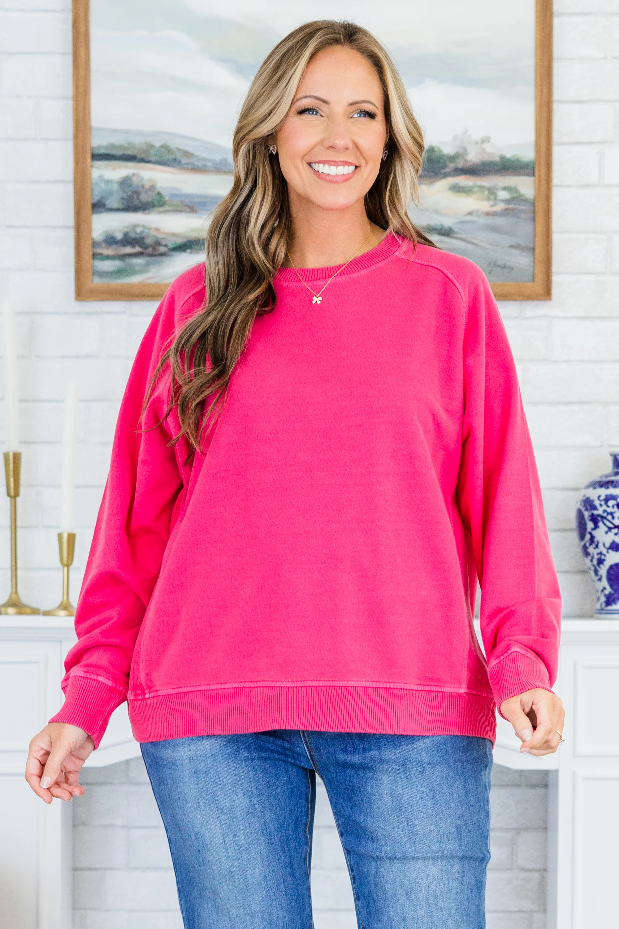 Happy To Be Here Pullover, Hot Pink - Weilaico