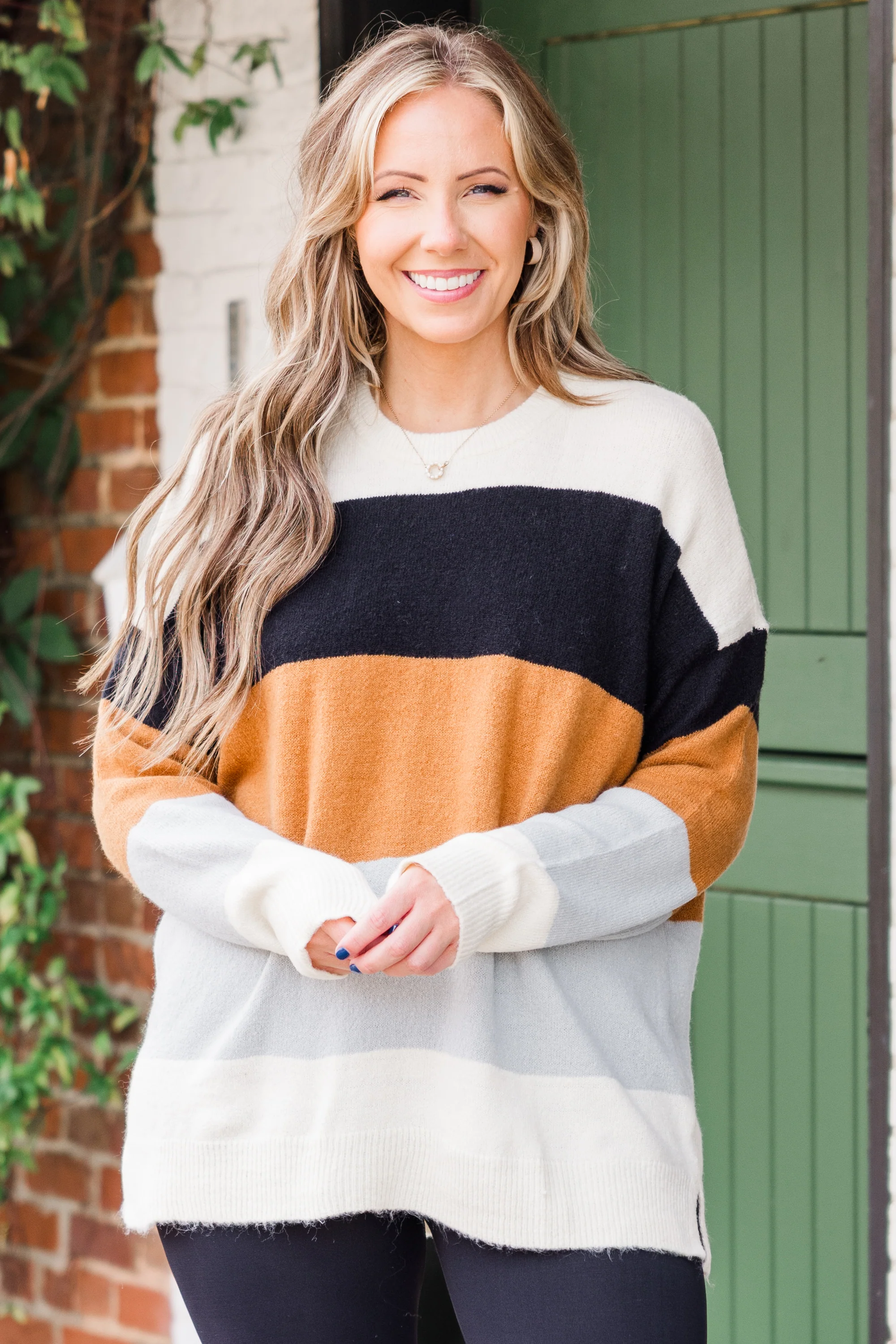 Spice Latte Stripe Sweater, Black-Mustard - Weilaico