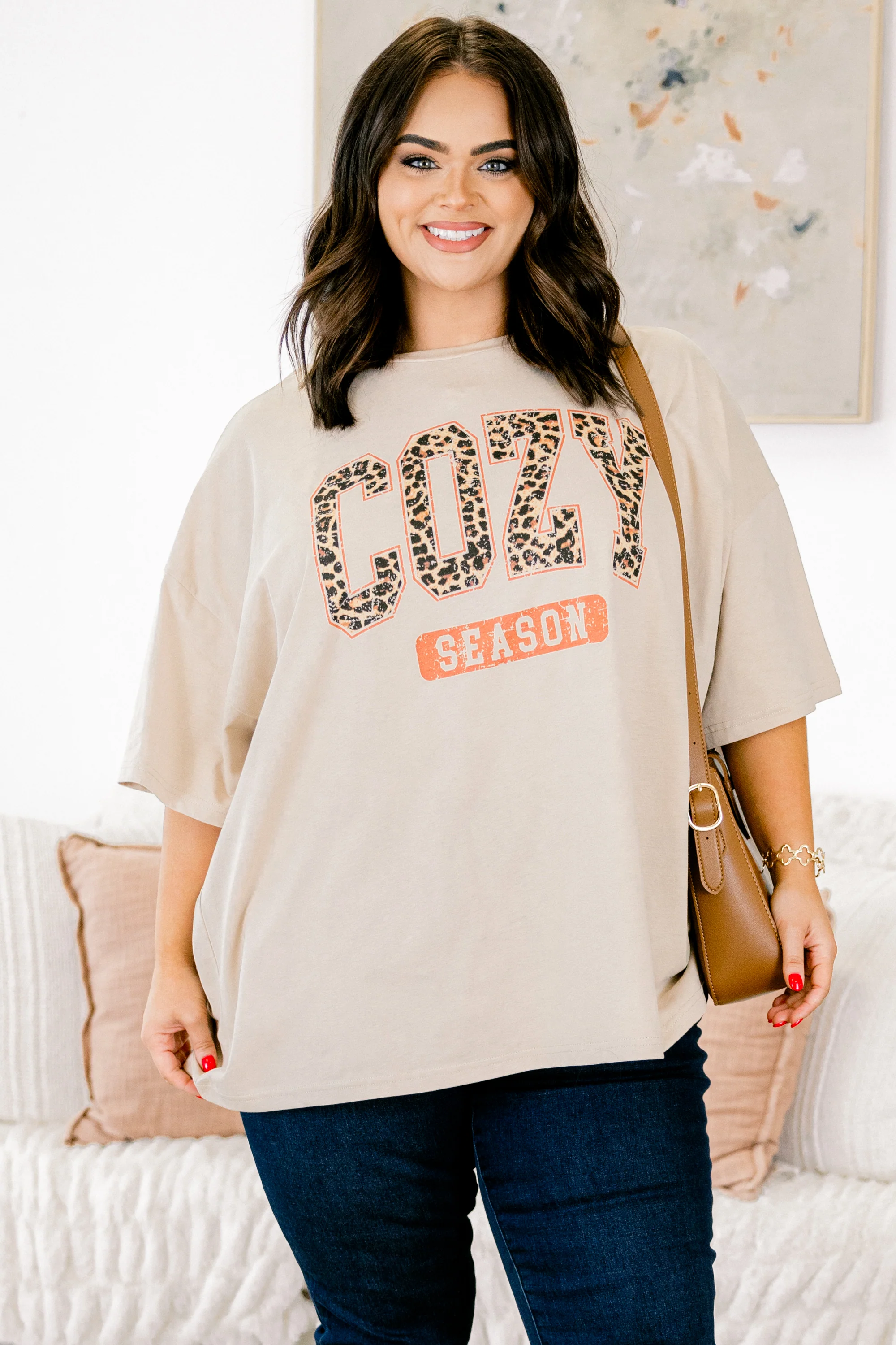 Let's Get Cozy Boyfriend Tee, Light Mocha - Weilaico