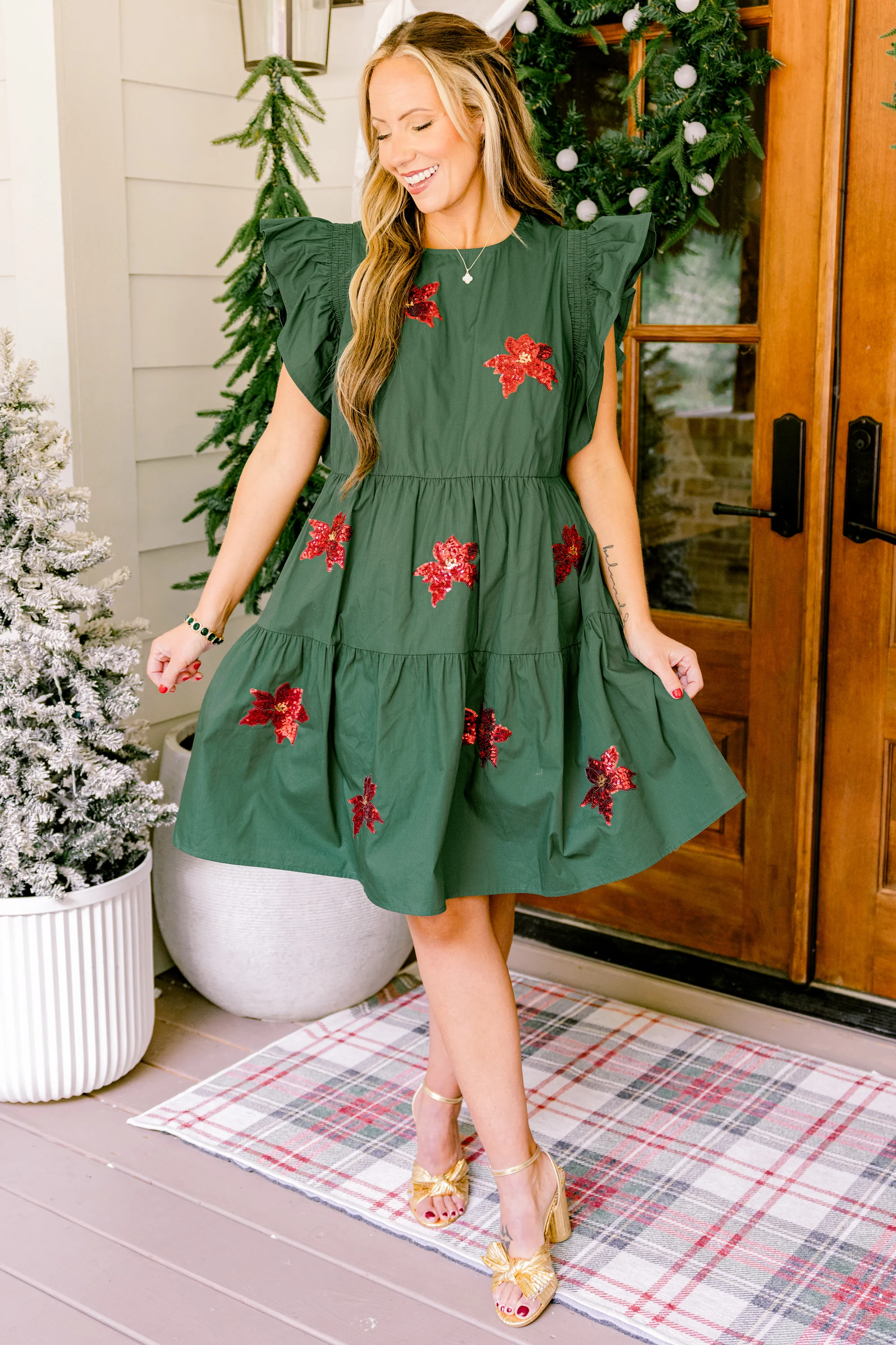 Poinsettia Bloom Dress, Green - Weilaico