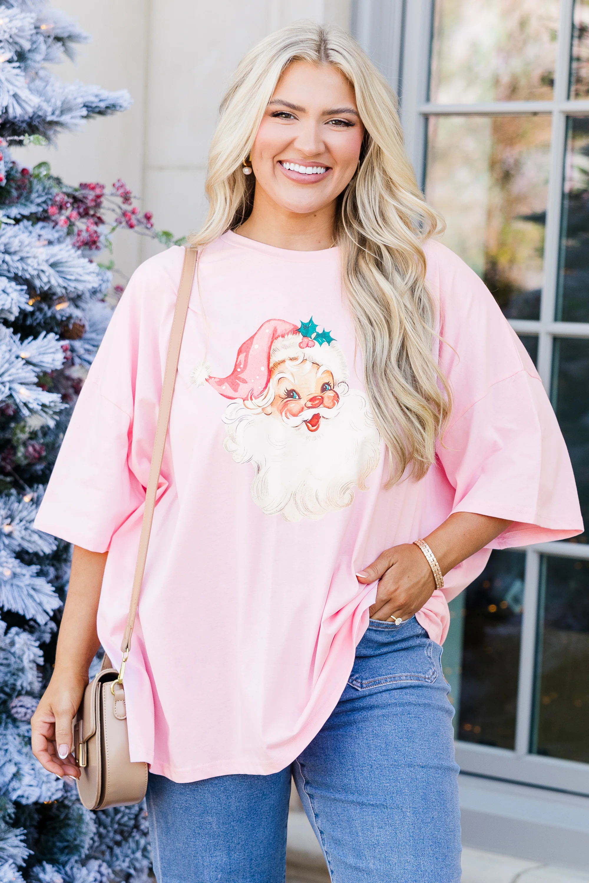 Vintage Santa Boyfriend Tee, Dusty Pink - Weilaico