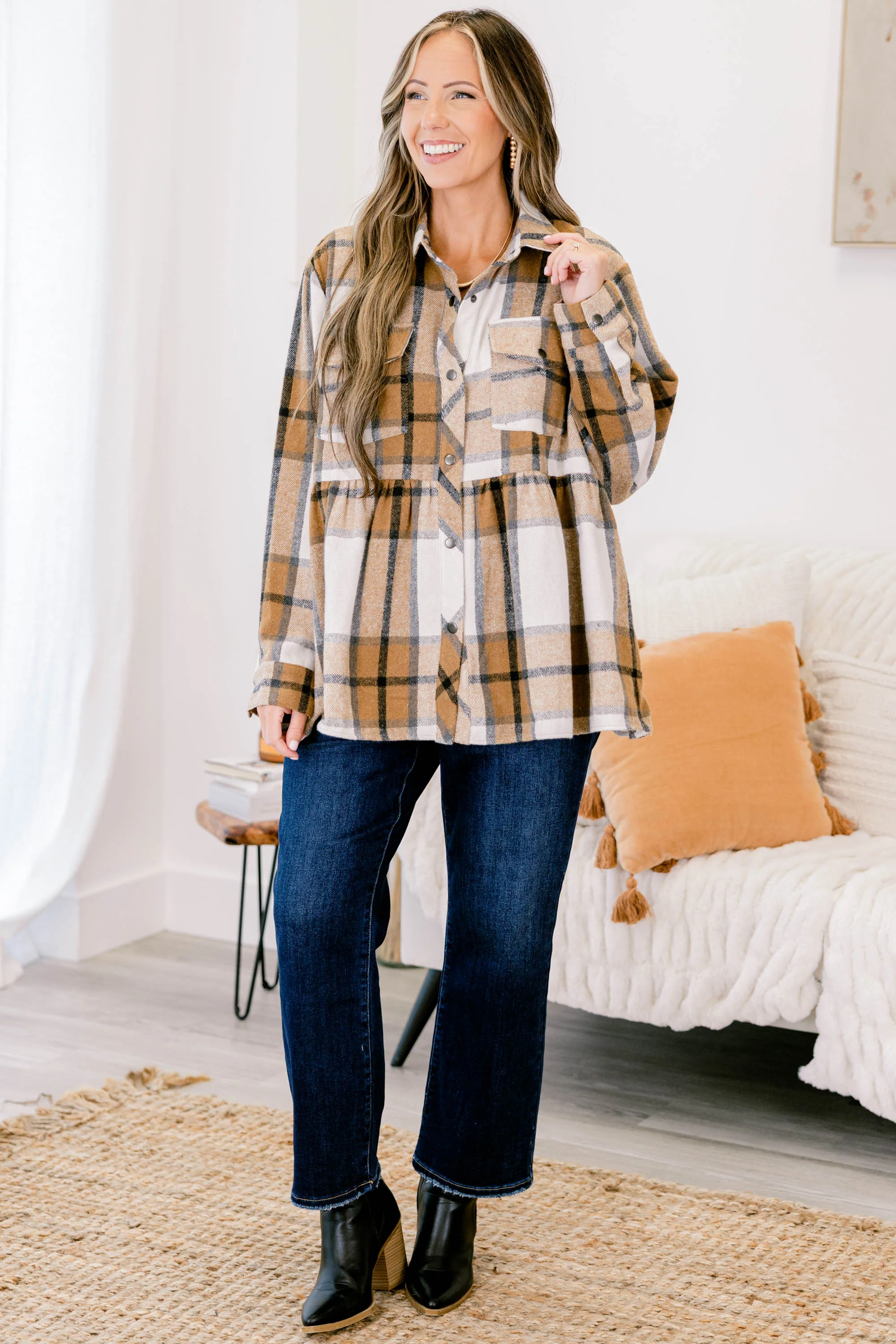 Cozy Plaid Babydoll Shacket, Khaki - Weilaico