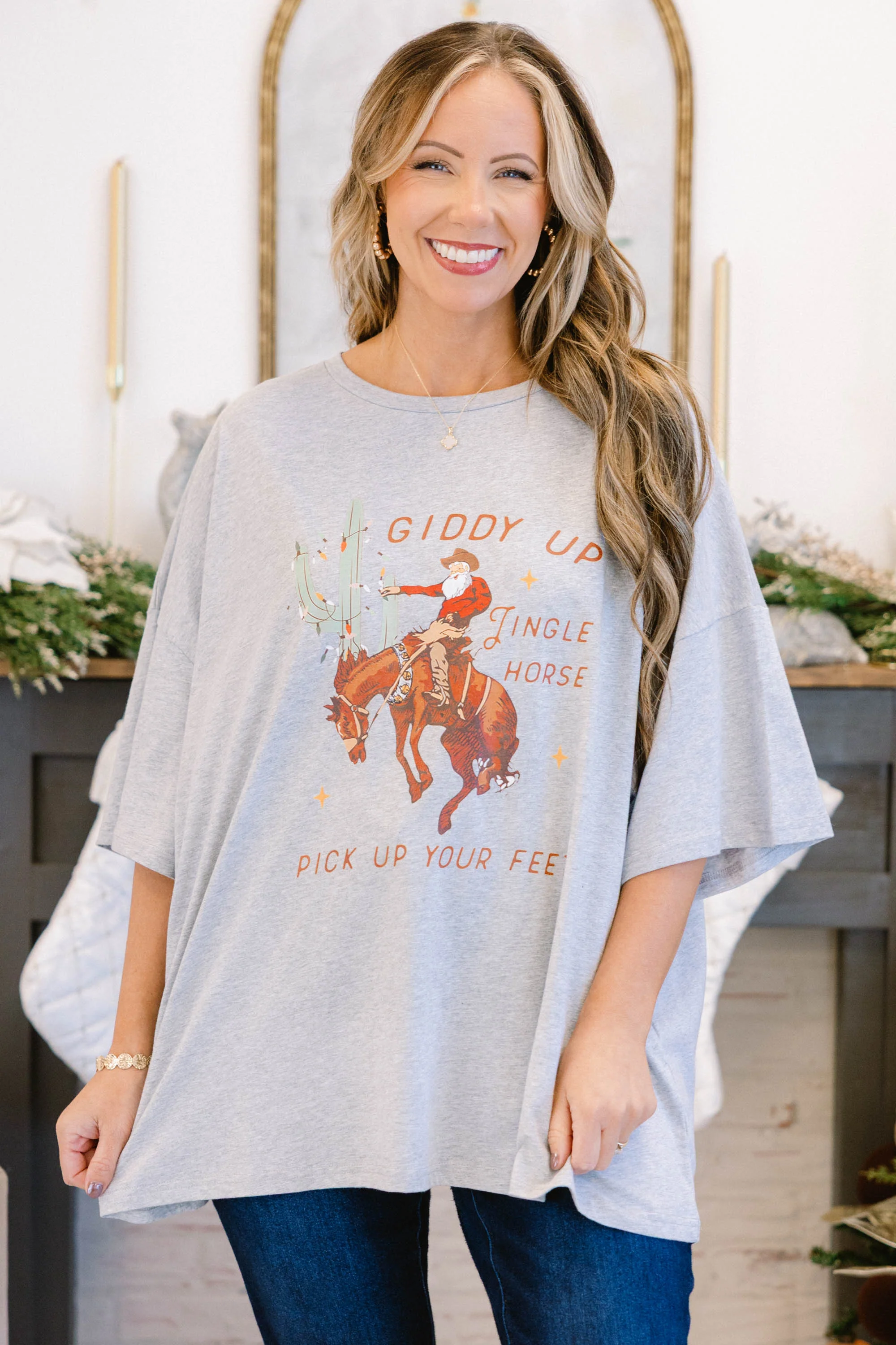 Jingle Horse Boyfriend Tee, Heather Grey - Weilaico